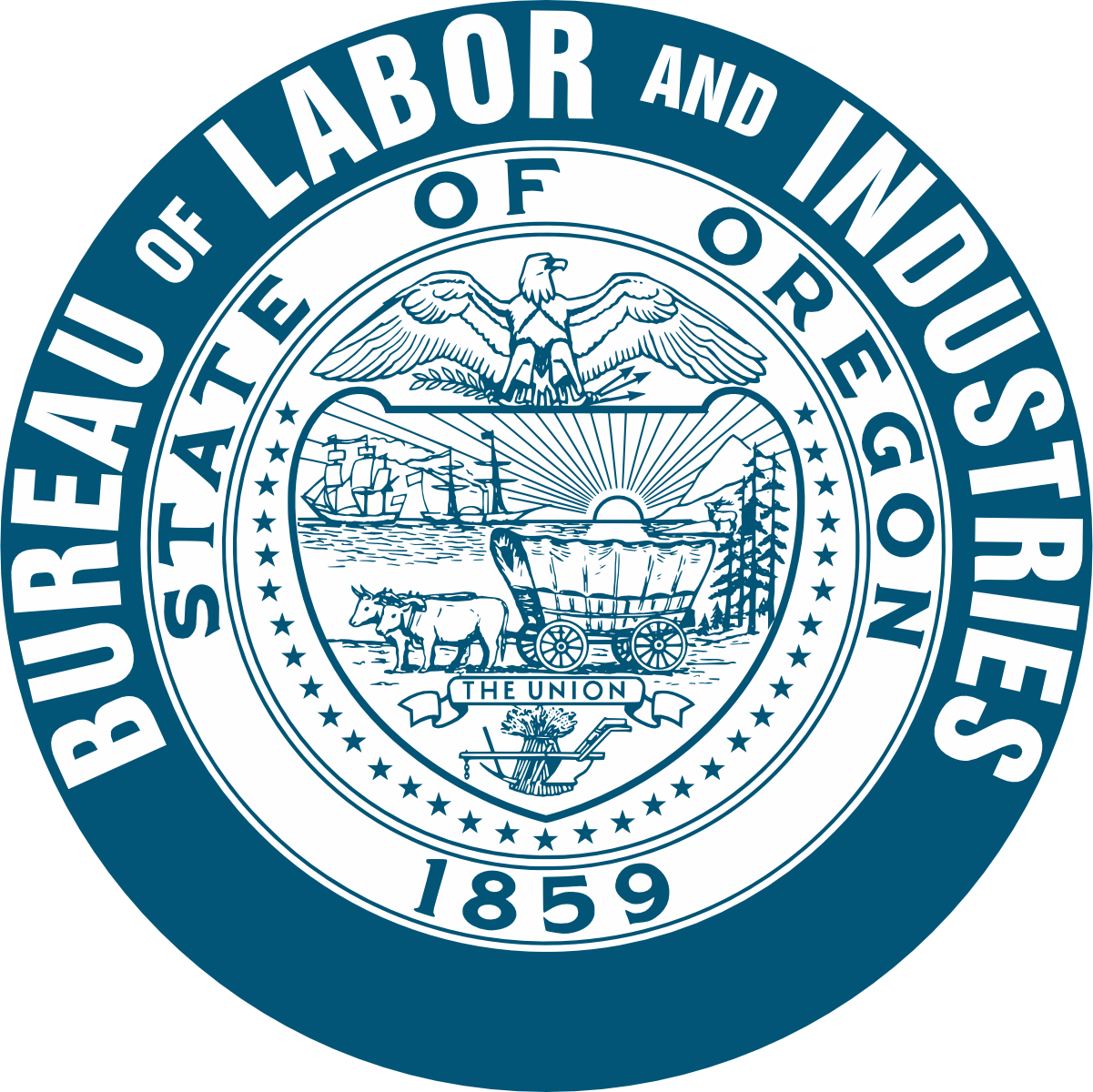 The seal of the U.S. Department of Labor featuring an eagle, ships, a wagon, trees, a rising sun, and the words "The Union" and "1859."
