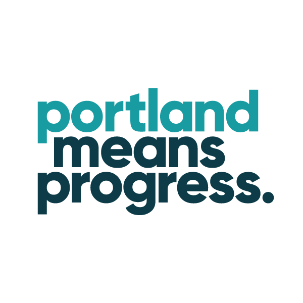 Text graphic with the words "portland means progress" in blue and dark teal on a black background.