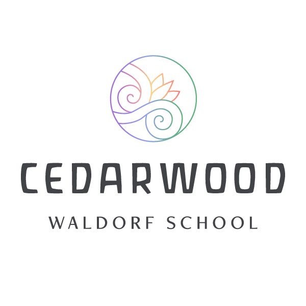Colorful spiral logo with leaves and swirl design above the text 'CEDARWOOD' and 'WALDORF SCHOOL' on a black background.