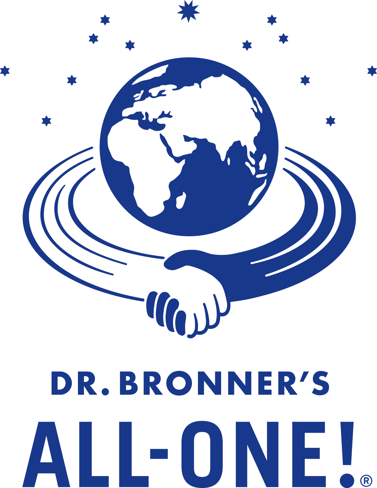 Graphic of Earth with a handshake below, surrounded by stars. Text reads "Dr. Bronner's All-One!" in blue.