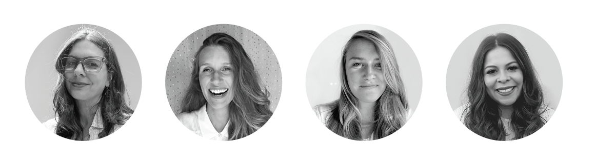 Four female website designers in circular frames, black and white and color, smiling and posing casually.