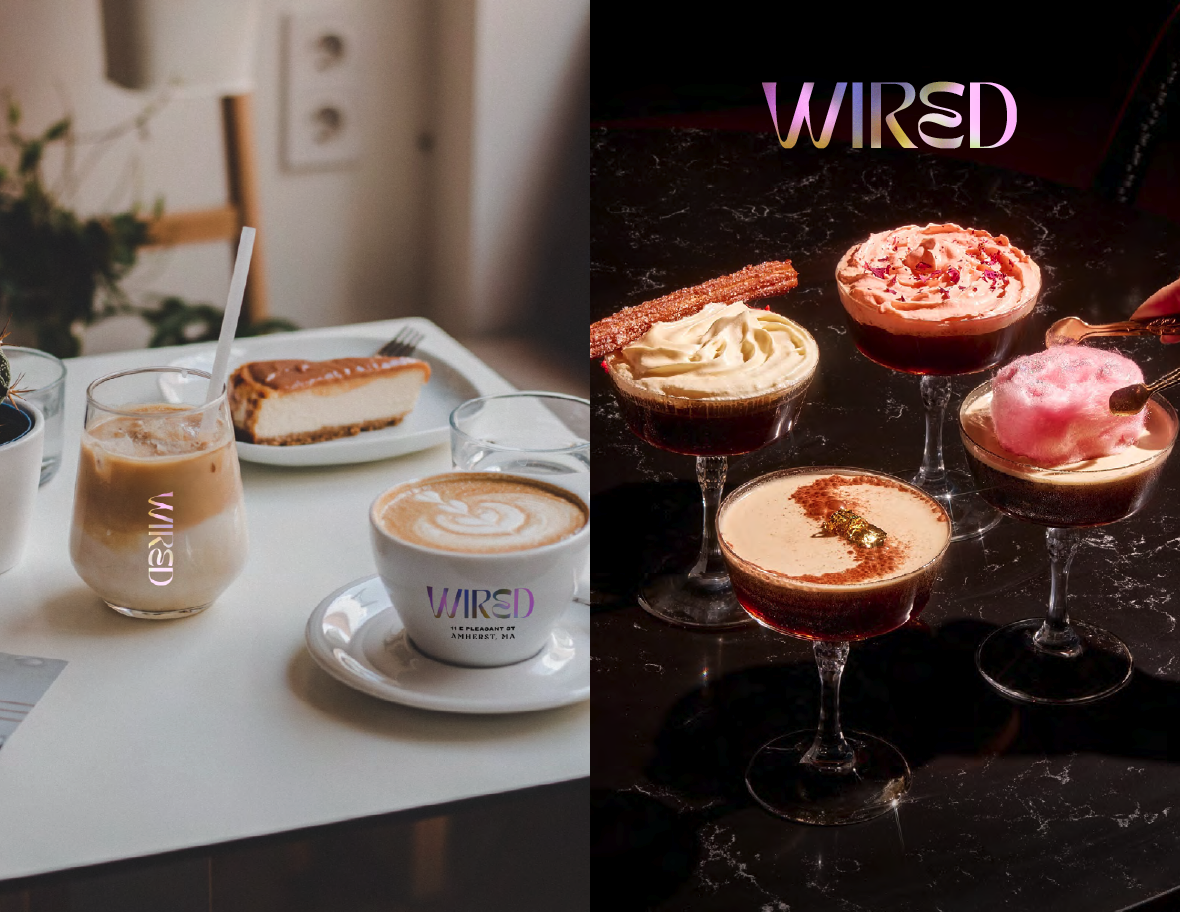 Split image of a coffee and cake on the left, and five cocktails on the right, with the word 'WIRED' at the top of the cocktails.