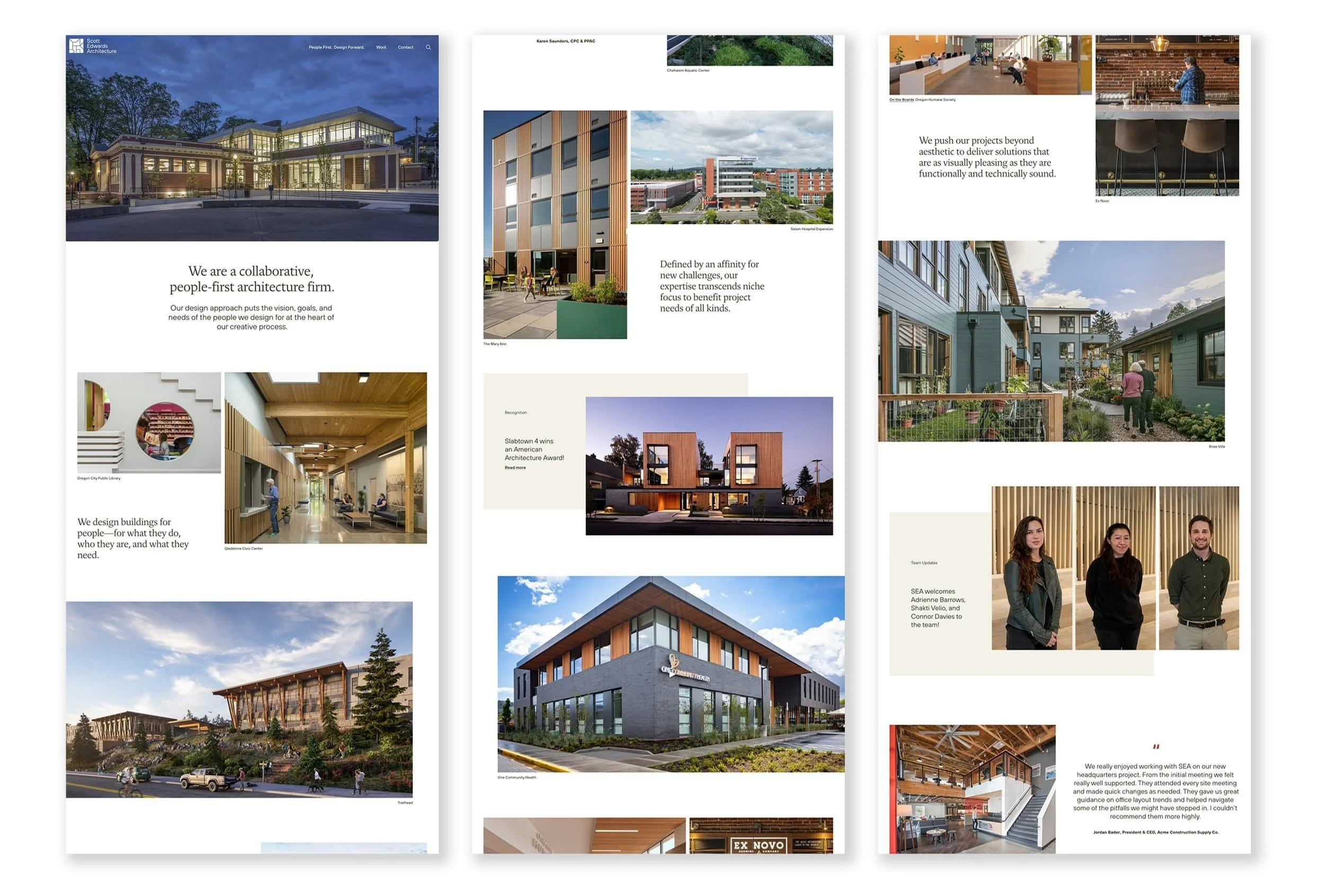 Squarespace website design is our specialty. This custom-built architectural firm website showcases various modern buildings, community projects, and team members.