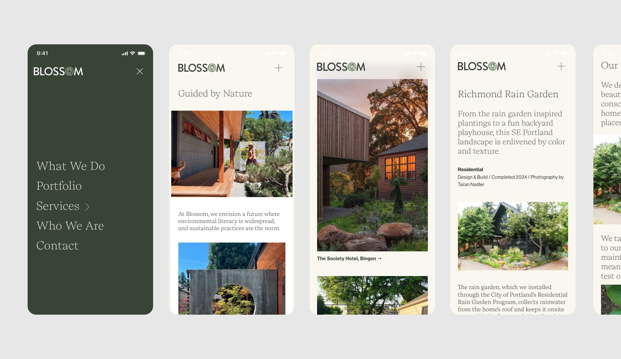 Screenshots of a Squarespace website showing various pages about landscape design and gardening, featuring images of modern houses, gardens, and outdoor spaces.