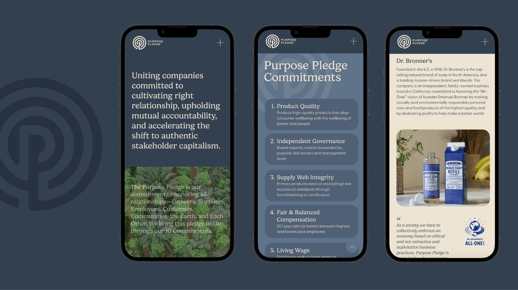 Three mobile phones displaying a purpose pledge webpage, highlighting commitments to product quality, governance, integrity, fair compensation, and living wages, with sections of text, a logo, and an image of soap bottles.
