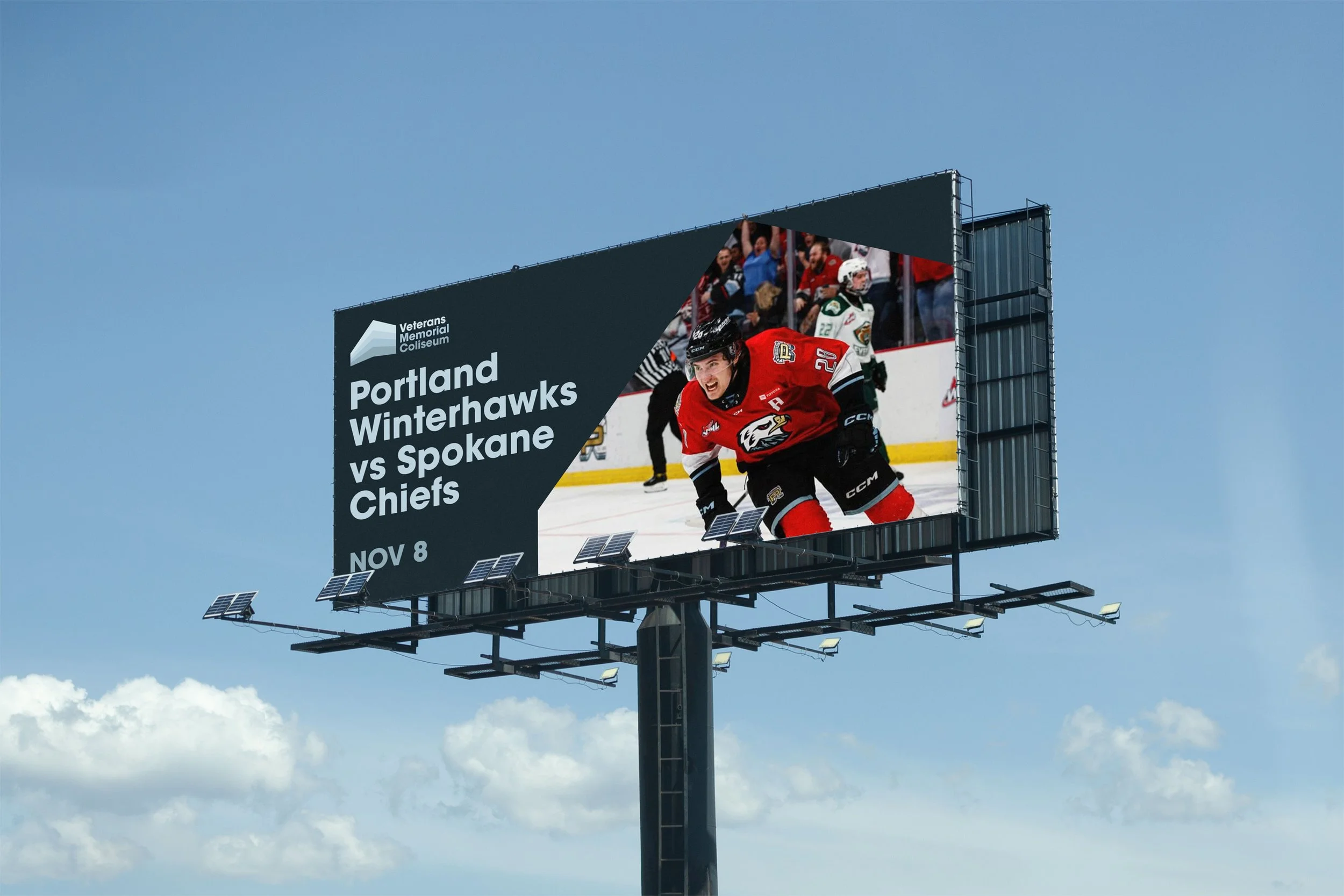 Billboard advertisement for an upcoming hockey game between Portland Winterhawks and Spokane Chiefs at Veterans Memorial Coliseum on November 8, featuring a player in a red Portland Winterhawks jersey celebrating.