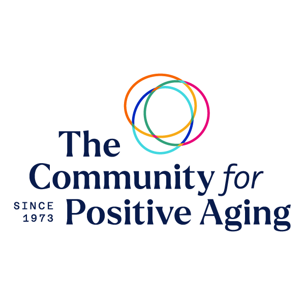 Logo for The Community for Positive Aging with overlapping colorful circles and text indicating it was established in 1973.