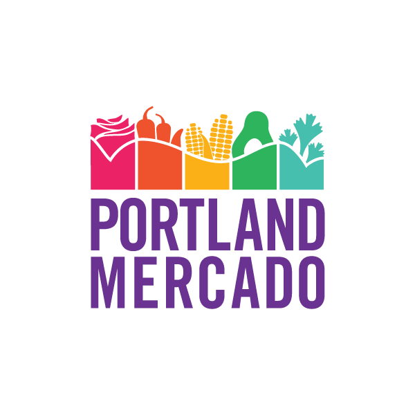 Colorful logo for Portland Mercado featuring stylized vegetables and herbs with the text 'Portland Mercado' underneath.