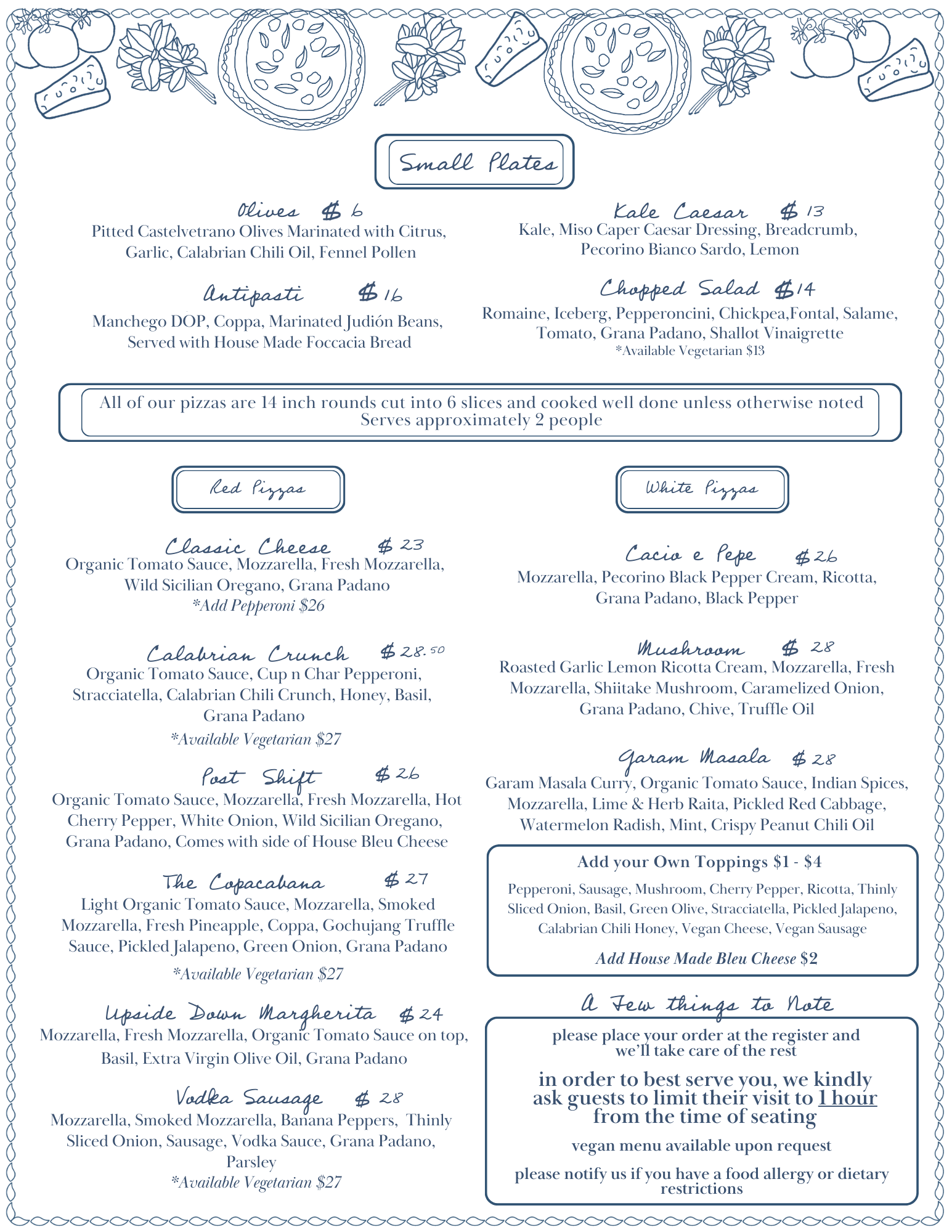 Menu featuring small plates and pizzas, including options like olives, kale Caesar, antipasti, chopped salad, various red and white pizzas, with descriptions of ingredients and prices, decorated with hand-drawn illustrations of food items and plants at the top.