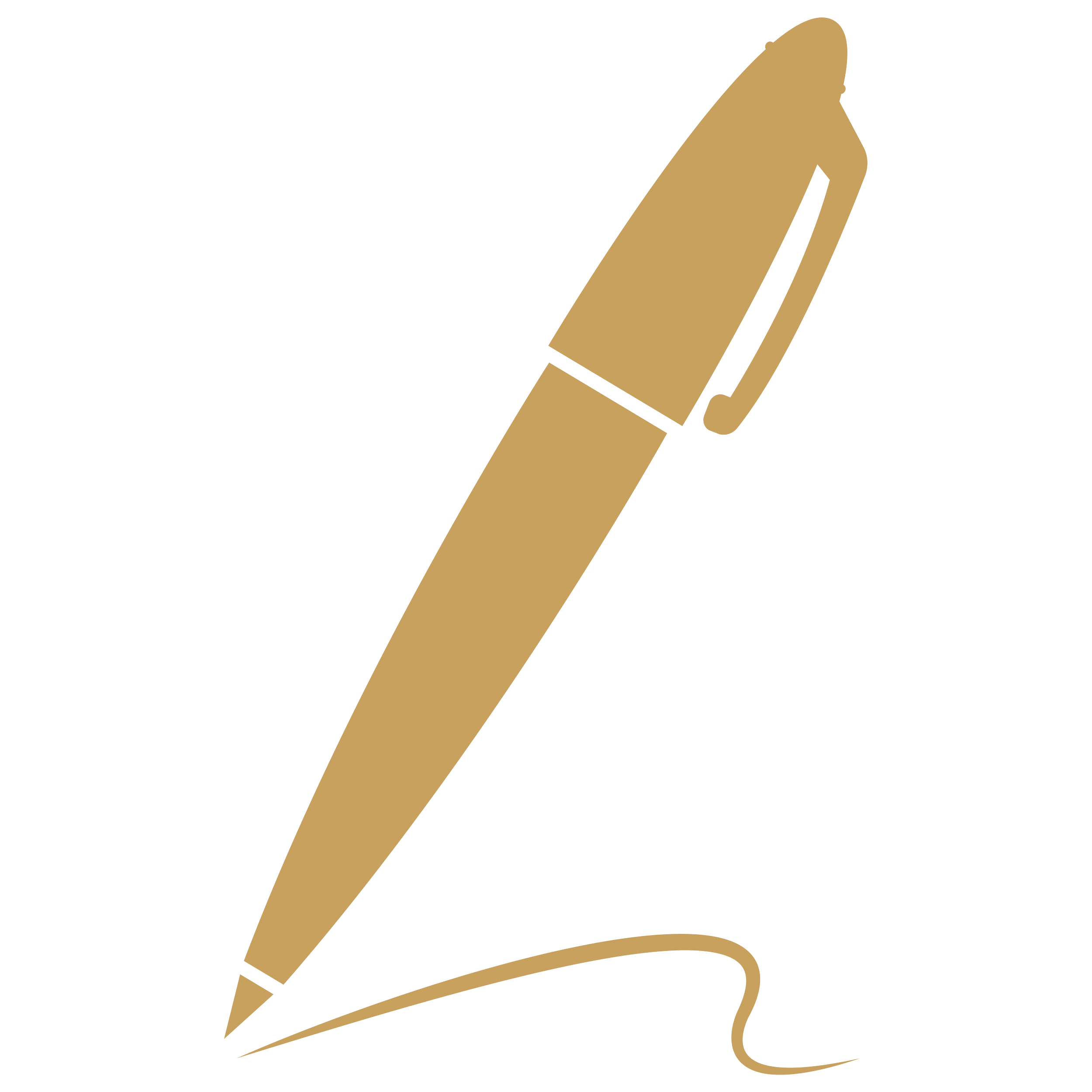 Illustration of a gold-colored fountain pen sketching a line on a white background.