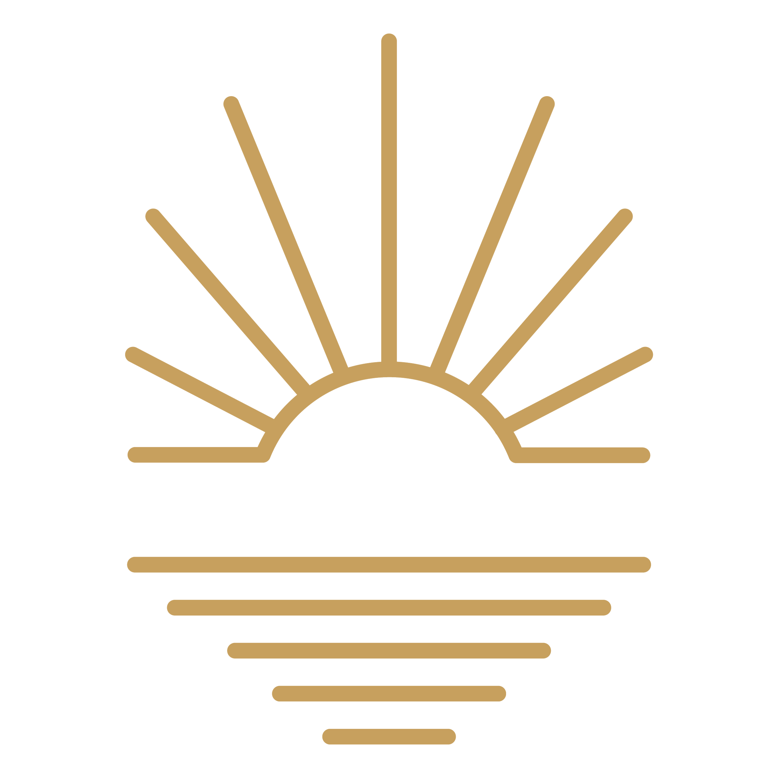 Minimalist sunburst design with horizontal lines beneath, representing sunrise or sunset.