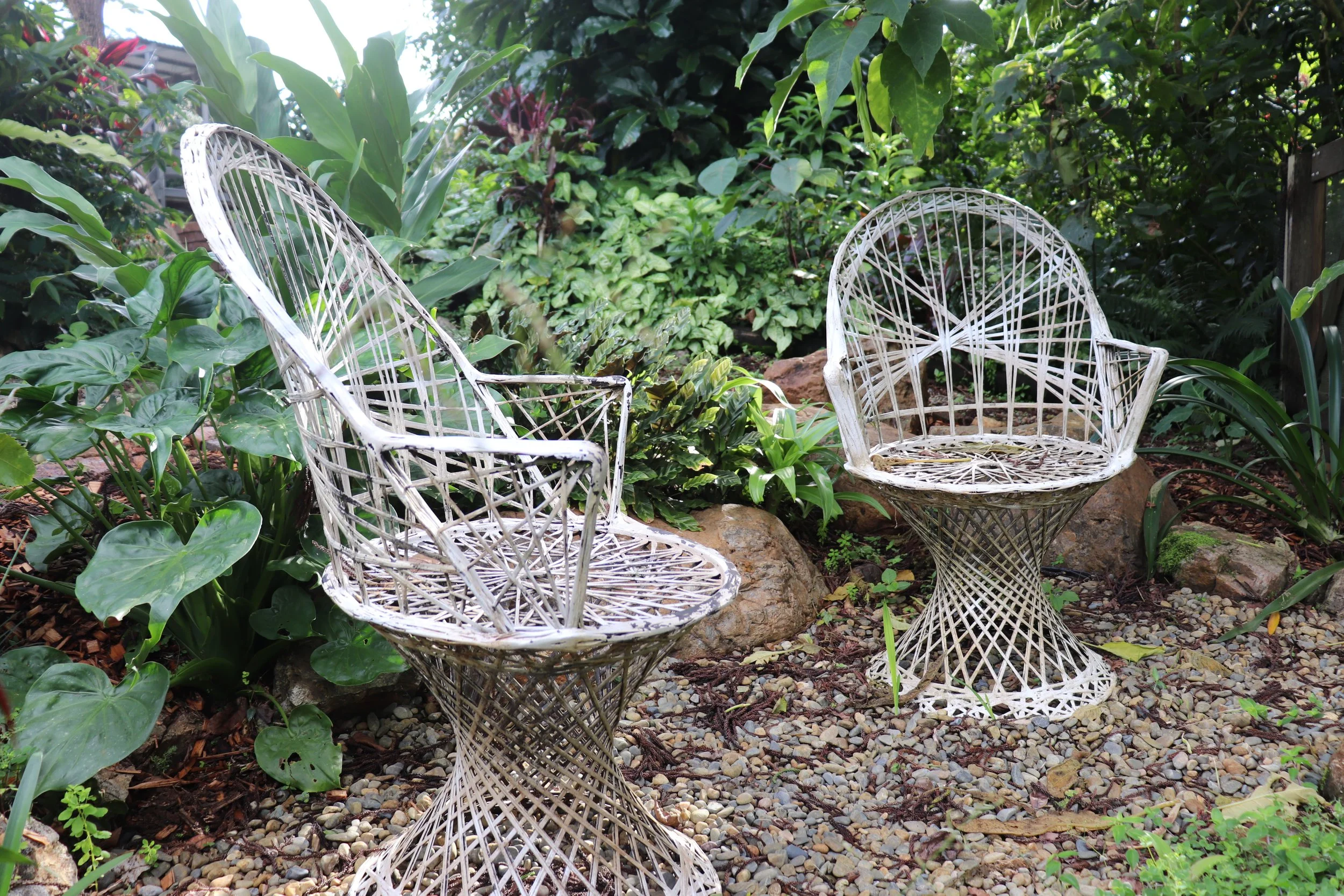 Two white wicker chairs in a lush green garden surrounded by plants and rocks. Rise Temple Wellness Retreat Centre Byron Bay Grounds.