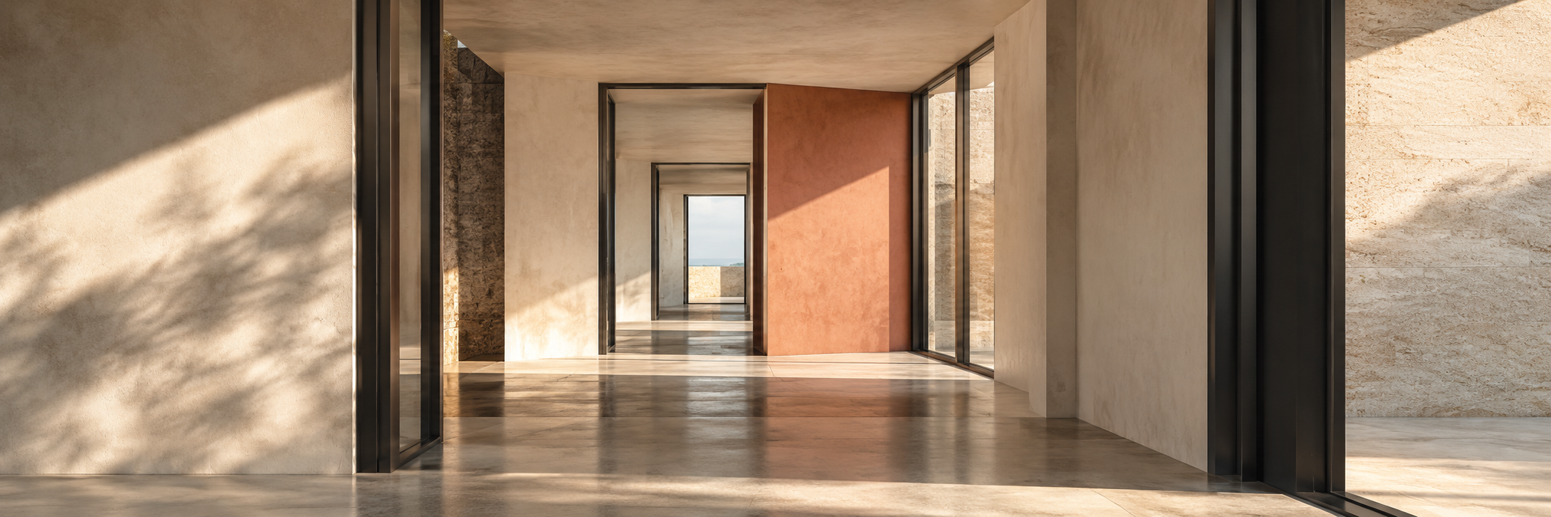 A series of aligned doorways in a warm modern interior, with a coral wall interrupting the view.