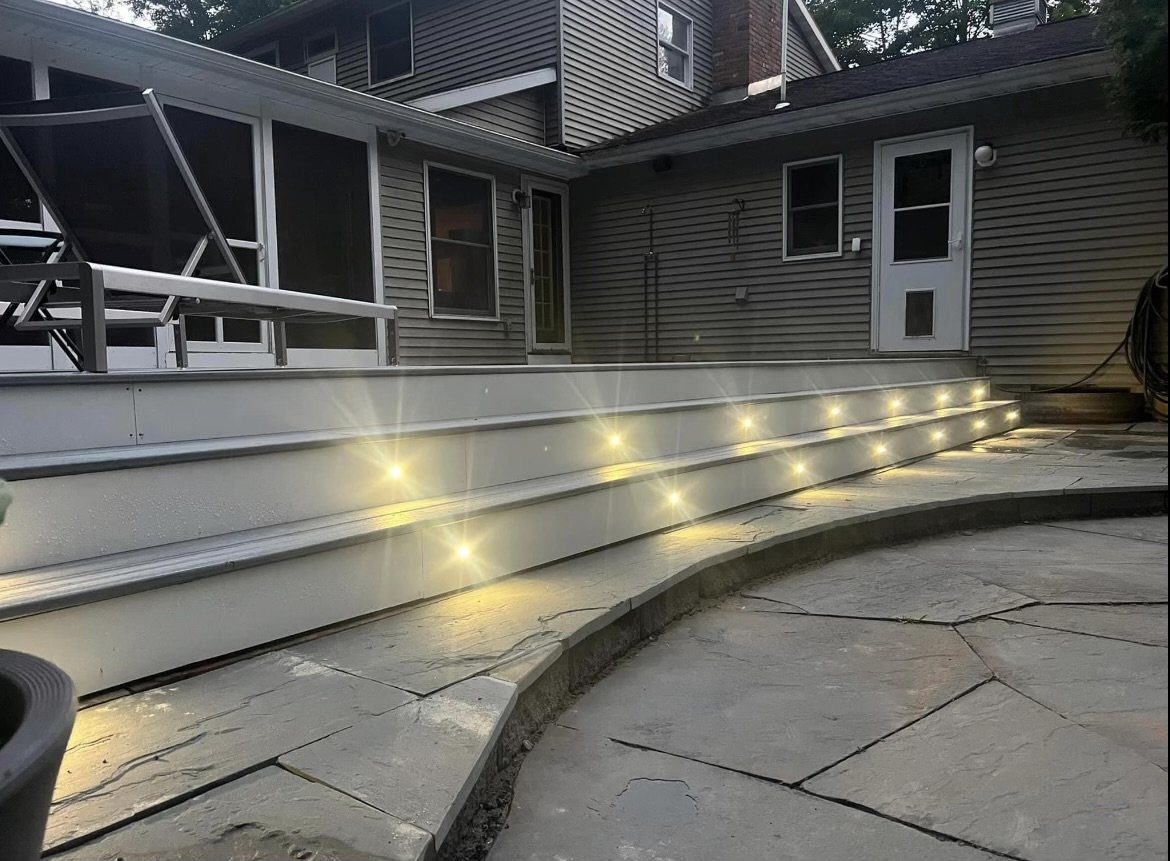 Trex Foggy Wharf Deck, LED Lights, natural bluestone patio, and outdoor shower.