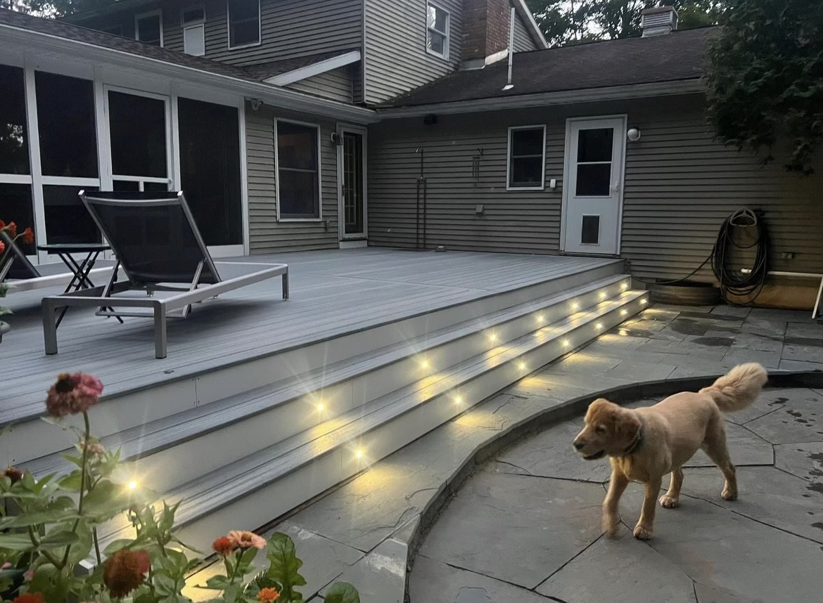 Trex Foggy Wharf Deck, LED Lights, natural bluestone patio, and outdoor shower.