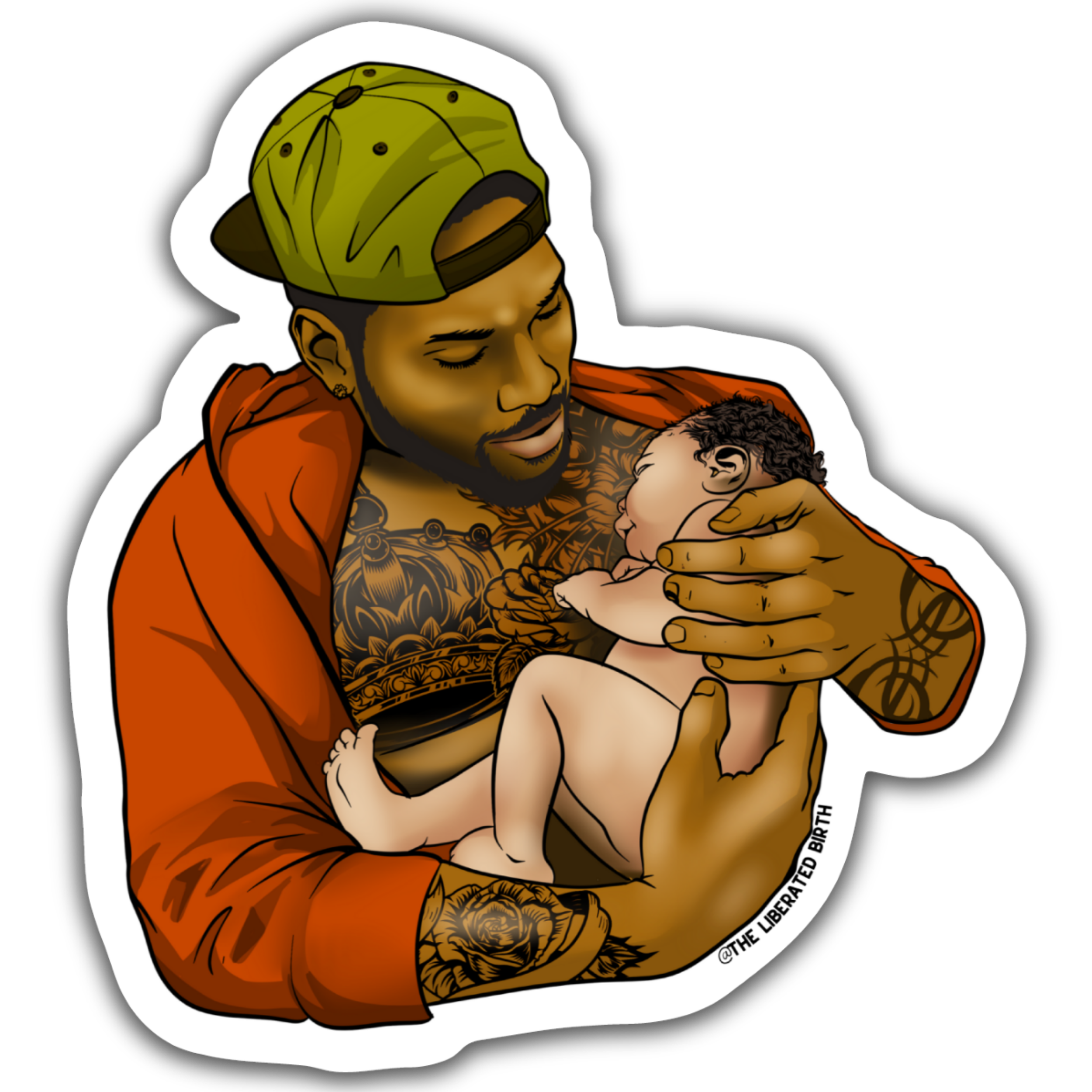 Digital illustration of a man with tattoos, wearing a green cap backward, holding a baby. The man has closed eyes and a calm expression, with a black background and a white border around the image.