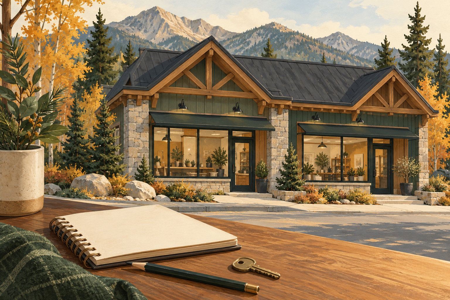Editorial illustration of an imagined mountain storefront building with pines and a blank maintenance notebook; no actual property depicted.