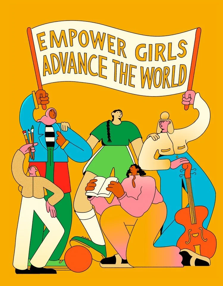 Illustration of diverse women holding a banner that reads 'Empower Girls, Advance the World', with some women holding a book, a violin, and pencils, symbolizing empowerment and education.