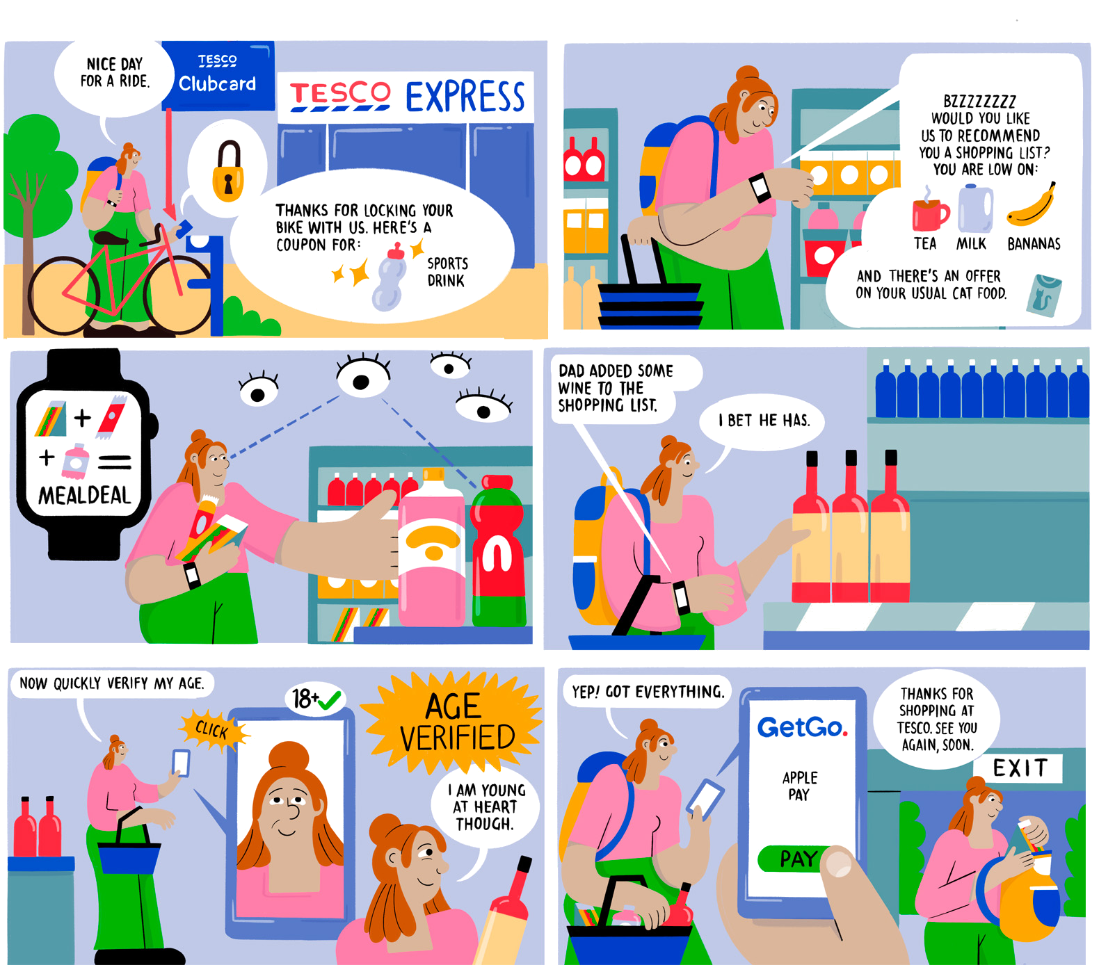 Cartoon woman shopping at Tesco, scanning items at checkout, verifying age with her phone, and using a mobile payment app.