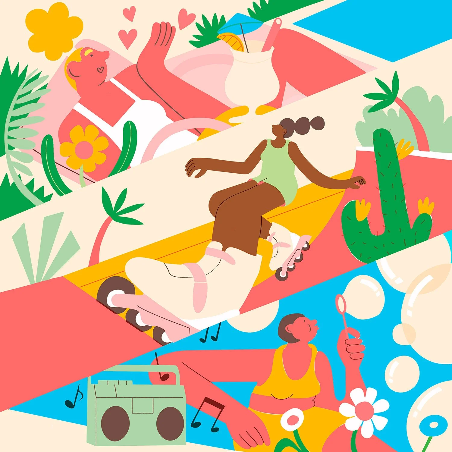 Colorful illustration of a woman roller skating, a woman rollerskating, a woman listening to music with a boombox, and a woman holding a magnifying glass among tropical plants and flowers.