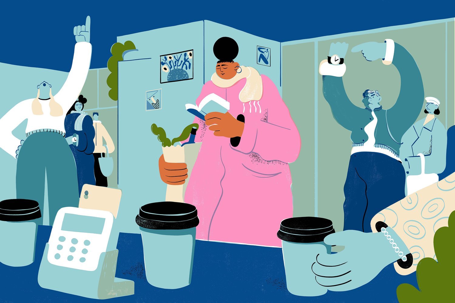 Stylized illustration of a woman in a pink coat reading a book in a crowded cafe, holding a cup with a plant in it, surrounded by other patrons engaging in conversations and using phones.