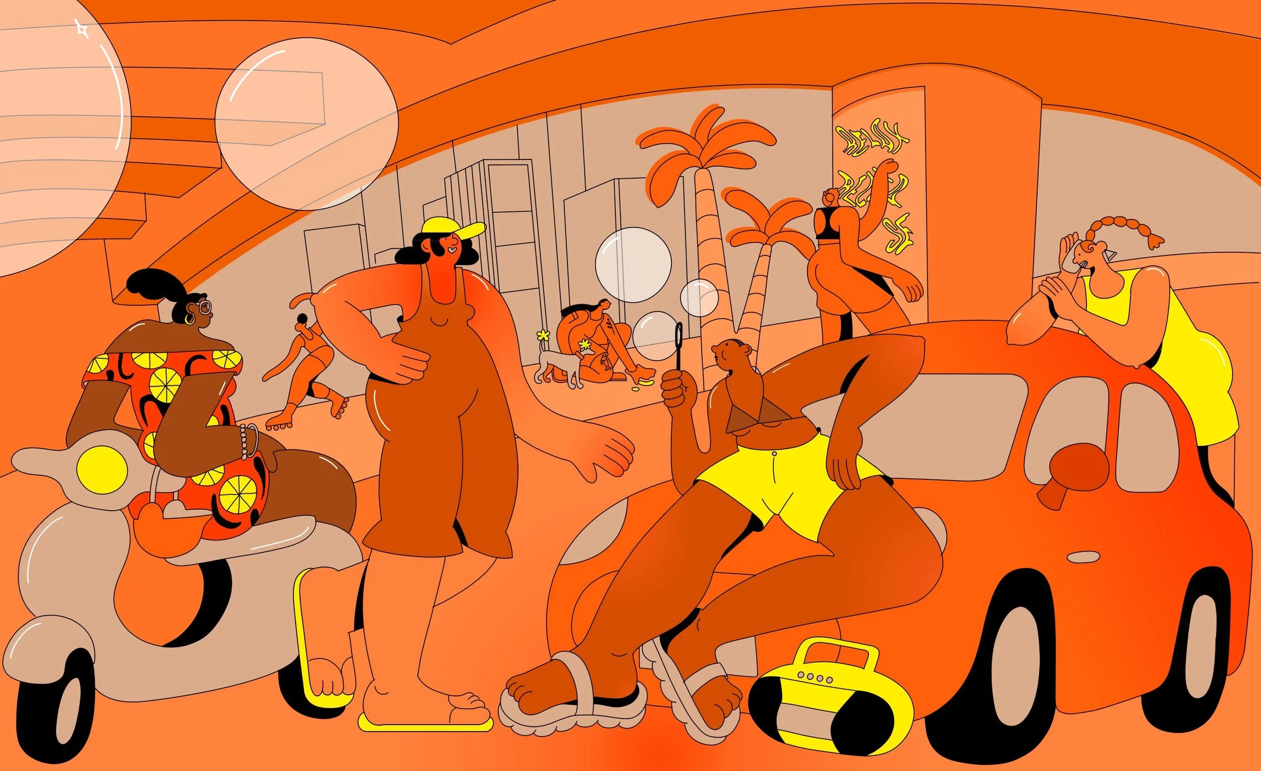 Illustration of people enjoying a summer day near a car and a scooter, with trees, buildings, and summer attire, using bright orange, yellow, and brown colors.