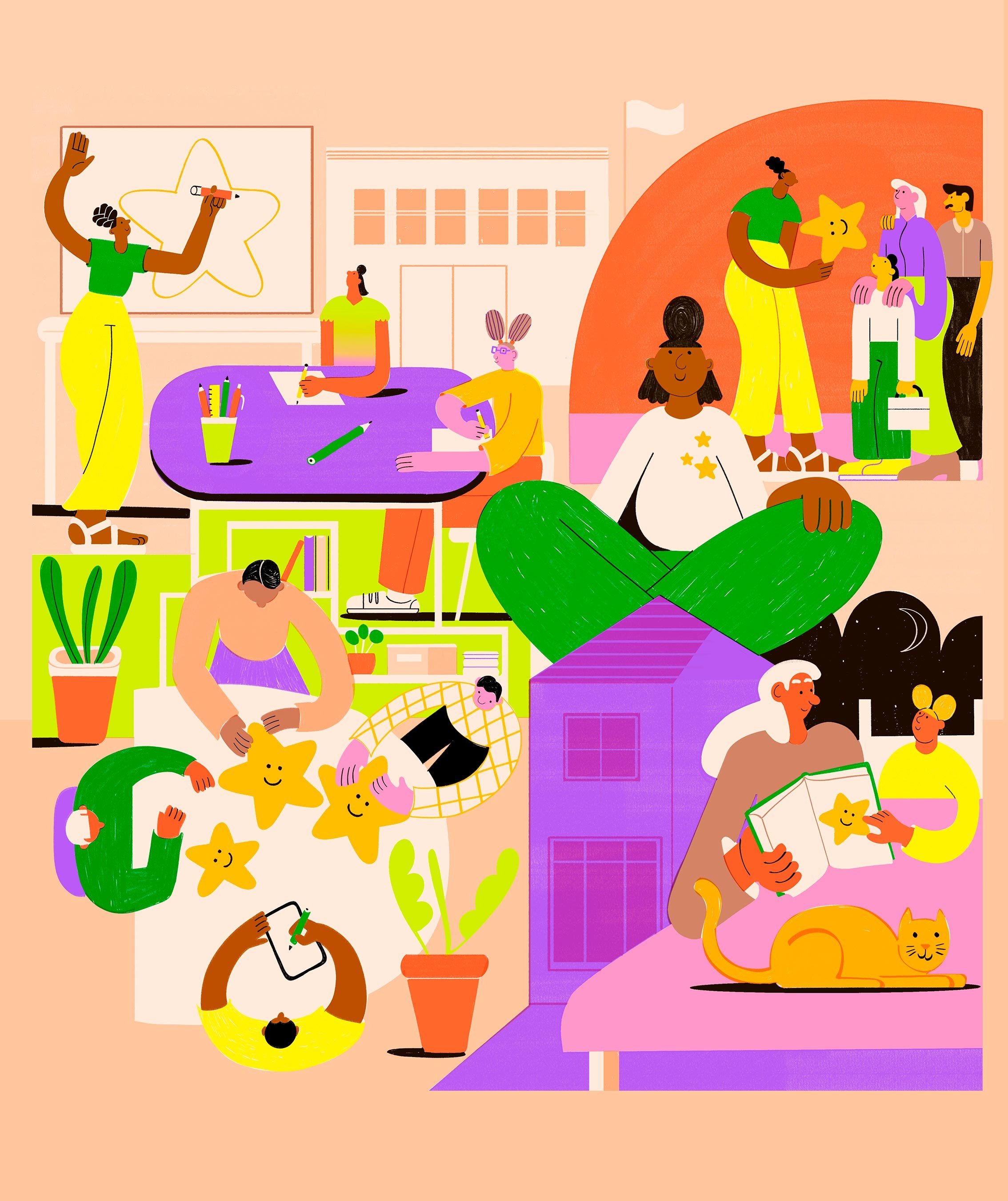 Illustration of diverse women engaging in various activities such as drawing, reading, playing with stars, and talking, in a colorful and playful indoor setting with plants, furniture, and a group photo in the background.