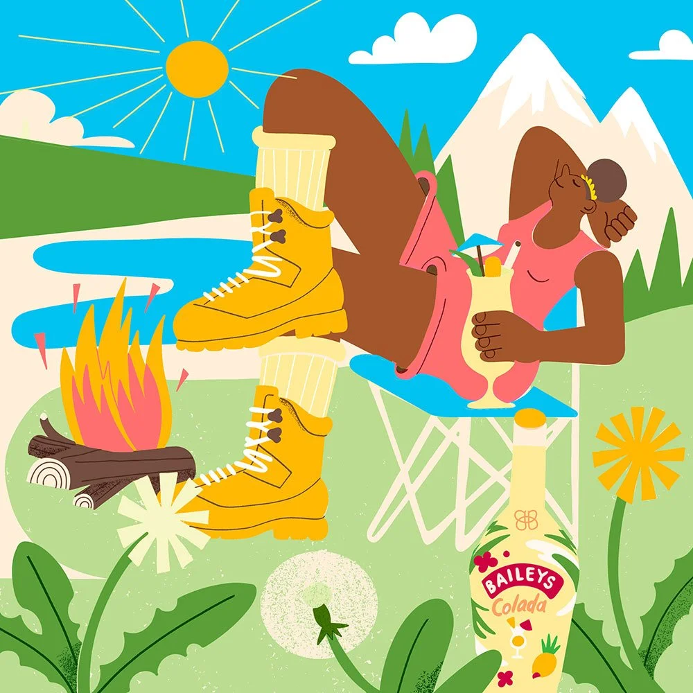 A woman relaxing outdoors with mountain and lake scenery, sitting in a chair, holding a drink with a tiny umbrella, and wearing large yellow boots. There is a campfire, snow-capped mountains, green hills, and bright sun in the background.