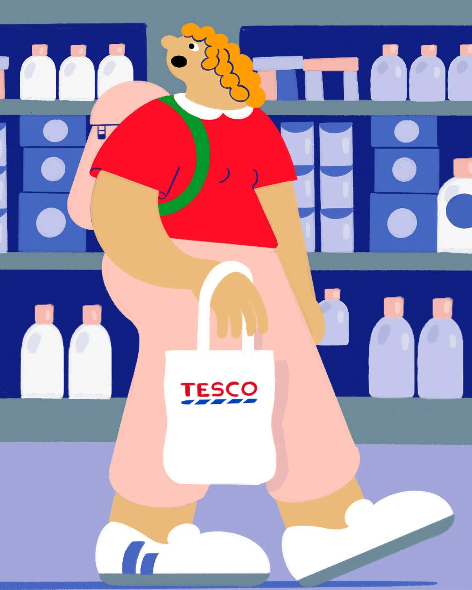 Cartoon illustration of a person shopping at Tesco, carrying a Tesco shopping bag, inside a store with shelves stocked with bottles.