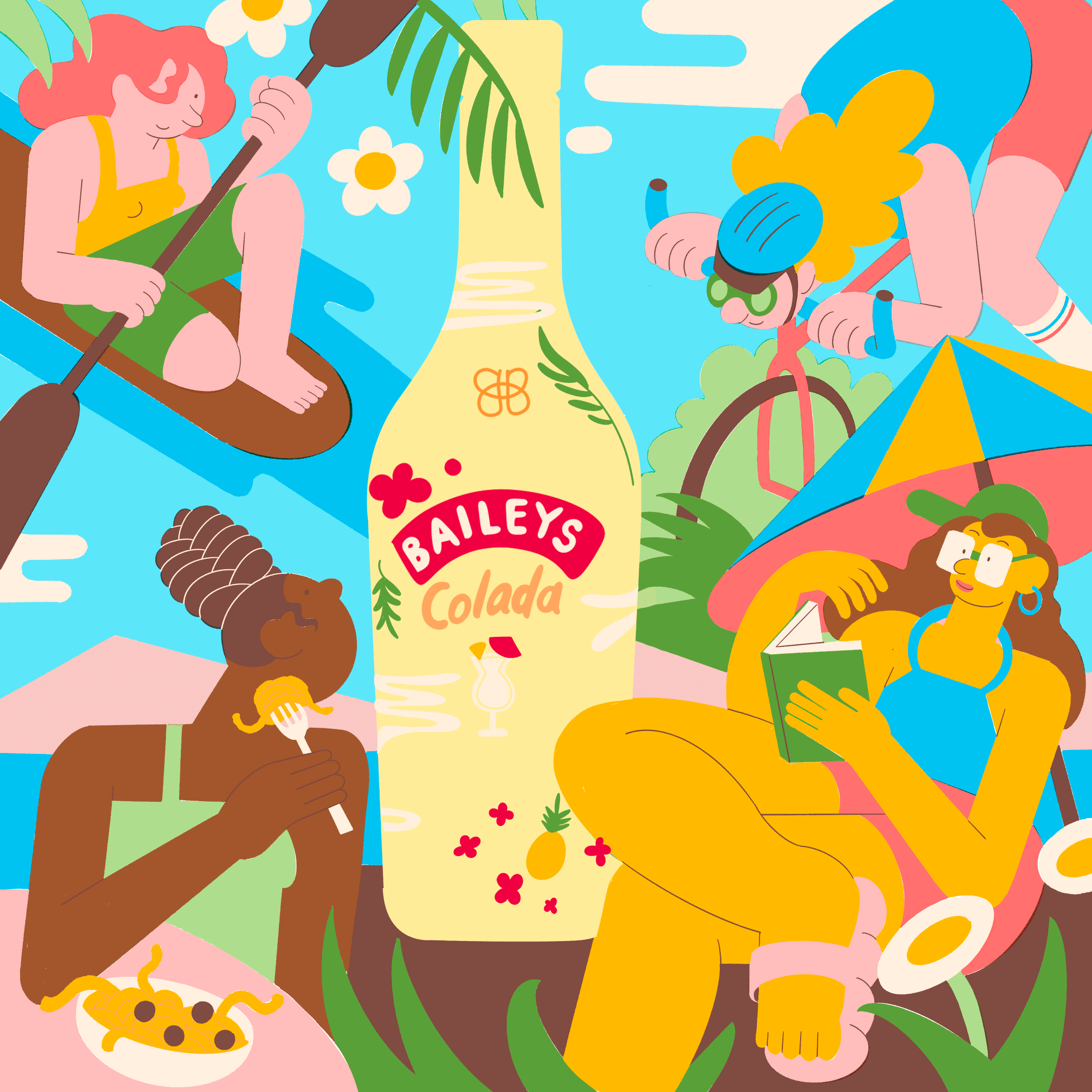 Colorful illustration of four women relaxing outdoors with a Baileys Colada bottle at the center. One woman is kayaking, another is reading under an umbrella, a third is eating pasta, and the fourth is riding a bicycle wearing goggles and a helmet. T