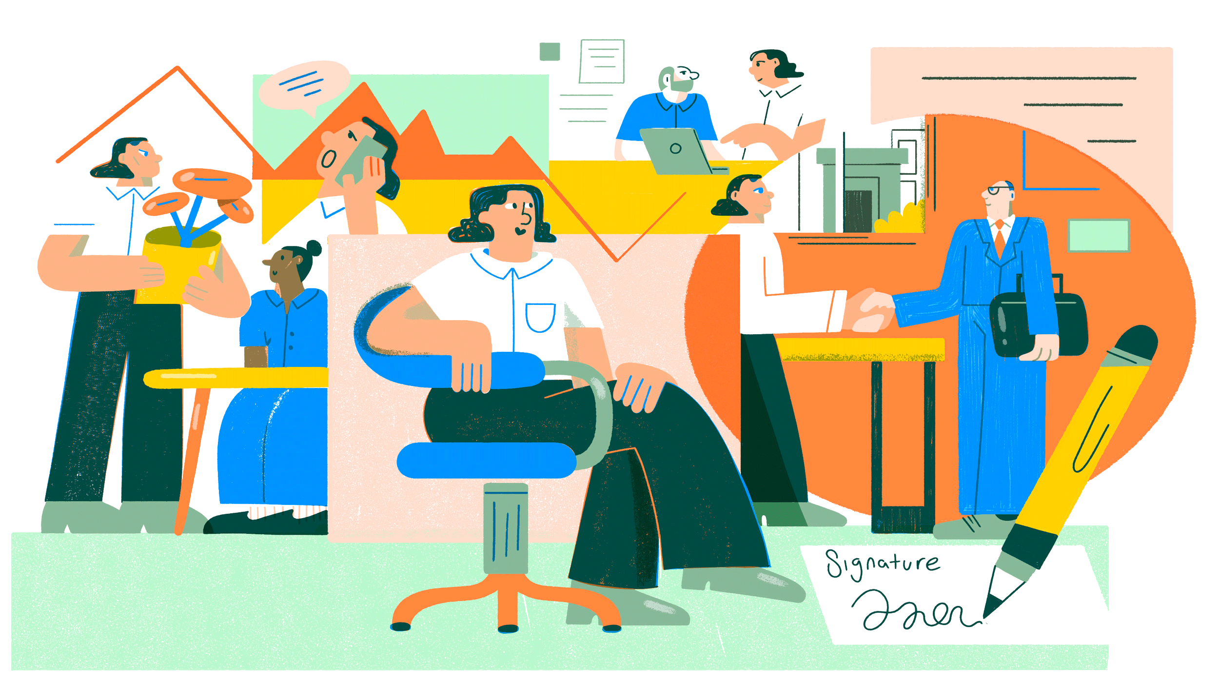 Illustration of various business and office scenes, including people in meetings, signing documents, working on computers, and shaking hands.