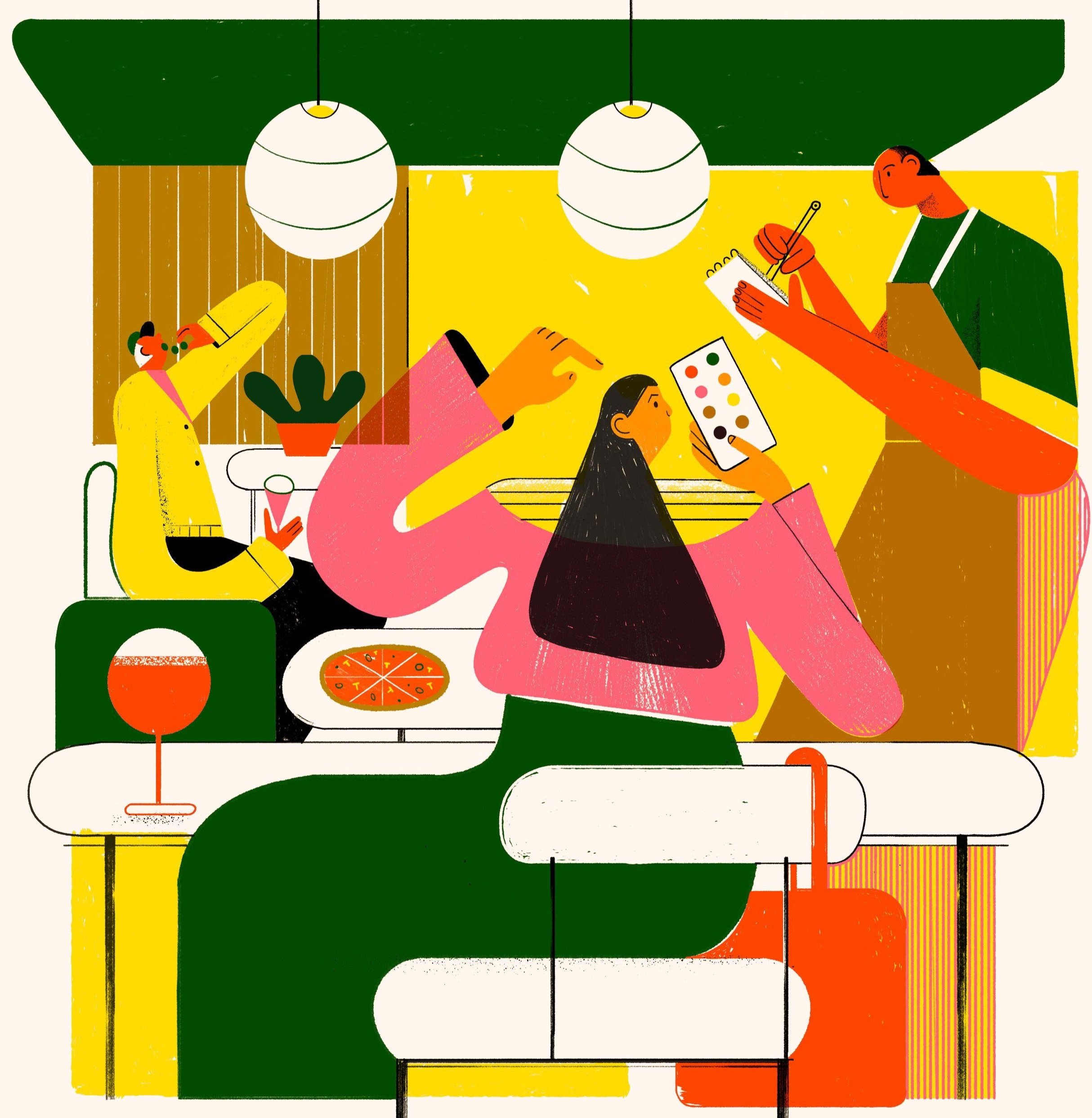 An abstract illustration of a group of four people socializing in a cozy indoor setting, some with drinks, a pizza on the table, and a person presenting or demonstrating something to the group.