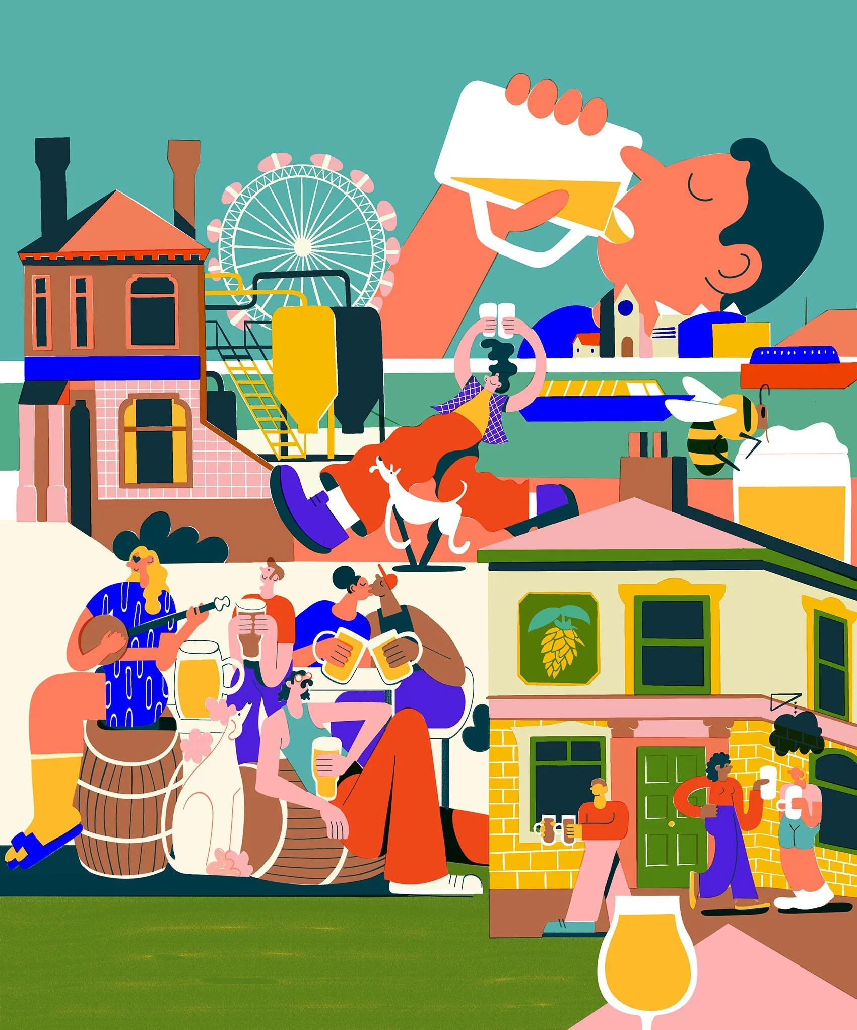 Colorful illustration of people socializing, drinking beer, and enjoying themselves outdoors at a lively pub or festival, with buildings, a Ferris wheel, and a giant person drinking in the background.