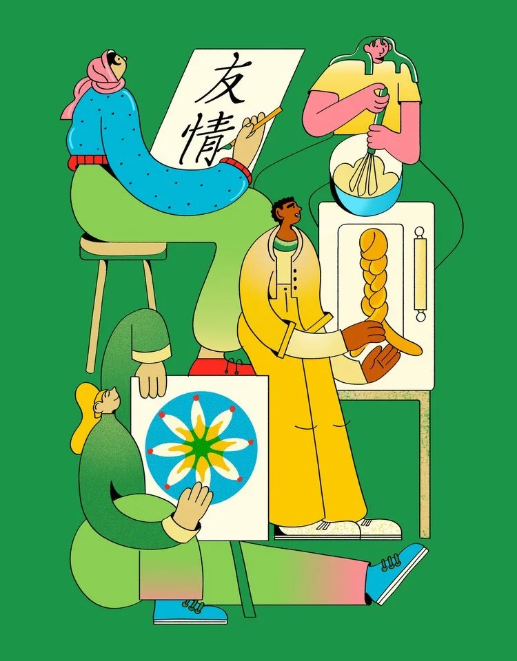 Colorful illustration of five diverse people engaging in creative and artistic activities against a green background.