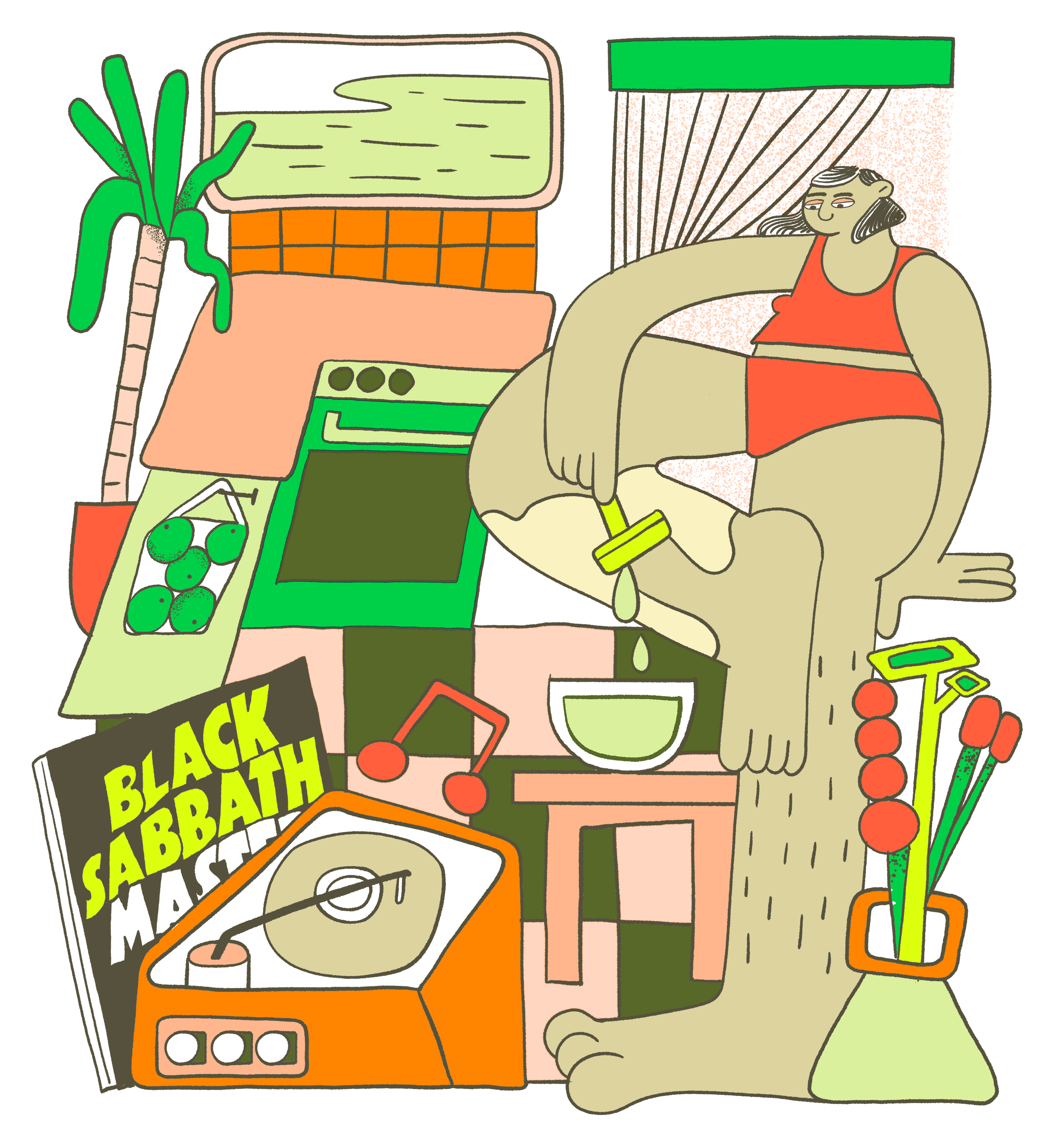 A person sitting on a giant tree reading a book, with a kitchen scene nearby including a stove, a bowl, and a bunch of green fruit, with a vinyl record of Black Sabbath's "Master of Reality" in the scene.