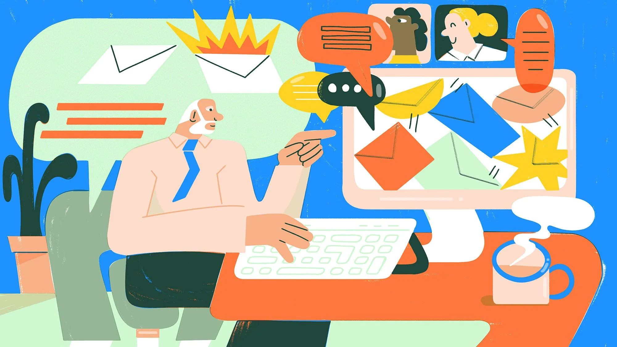 An illustrated scene of a man sitting at a desk with a computer and a coffee mug, discussing emails and messages on his computer screen with three small profile pictures of women. The background features colorful speech bubbles, envelopes, and symbols representing communication and email exchange.
