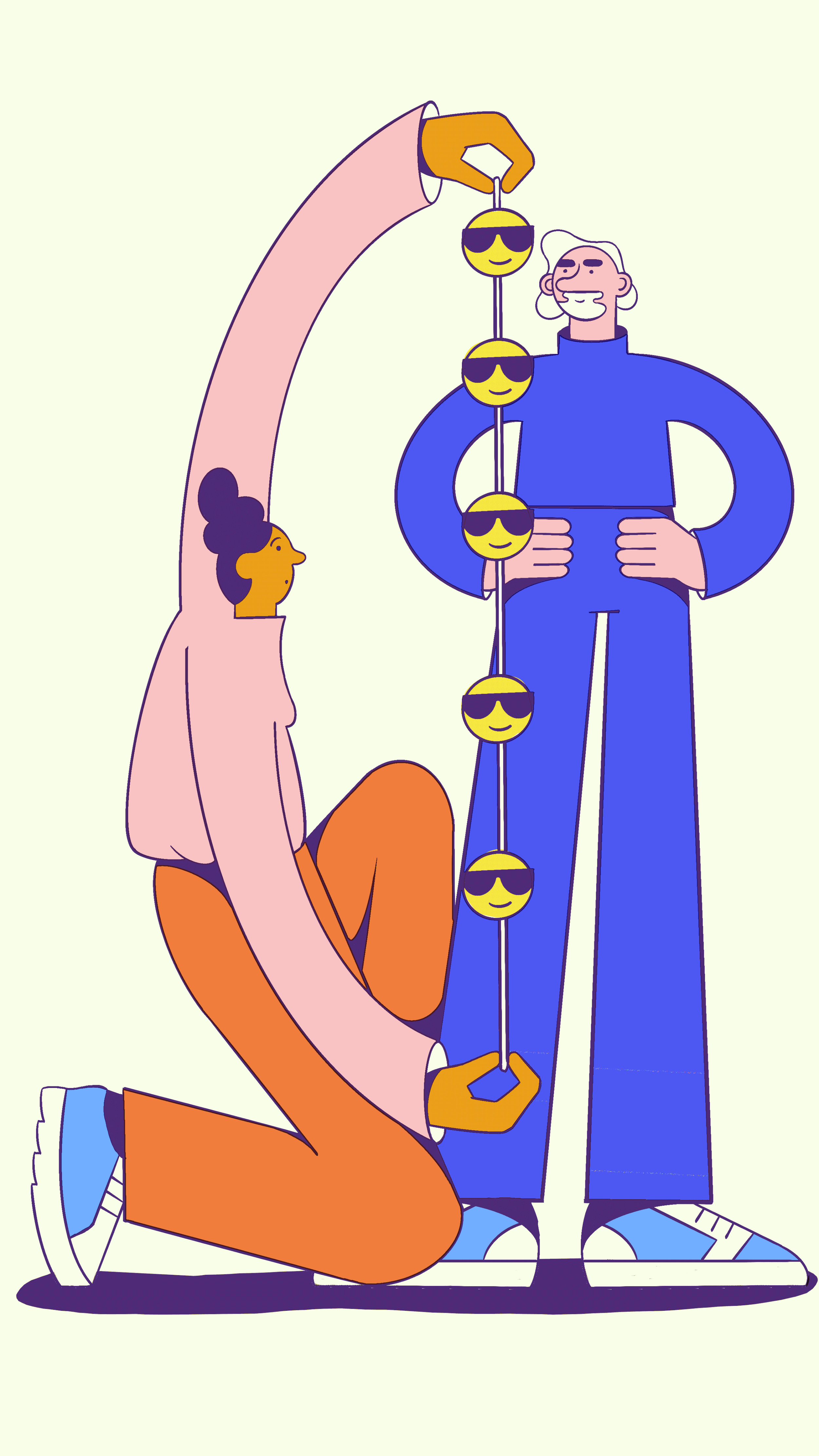 A colorful illustration of a woman kneeling and holding a string of smiling sun emojis with sunglasses, standing next to a tall man with gray hair in a blue outfit. The woman is wearing an orange outfit with sneakers, and the man is wearing a blue costume with white-sneaker like shoes. The woman is looking up at the man, and the string of emojis hangs between them.
