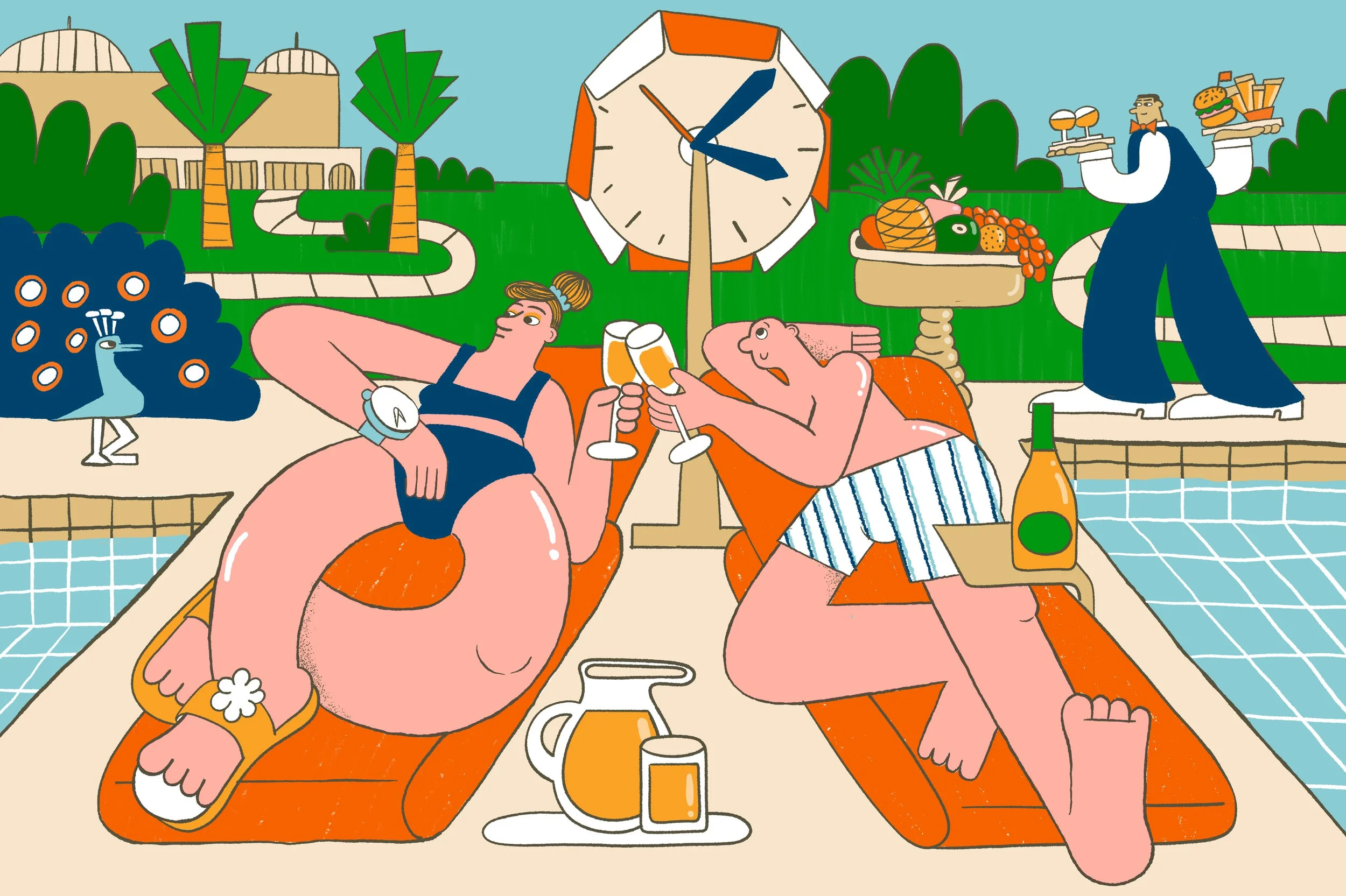 Cartoon illustration of a poolside scene with two women relaxing, toasting with drinks, and a man serving food in the background. Palm trees and a clock are also visible.