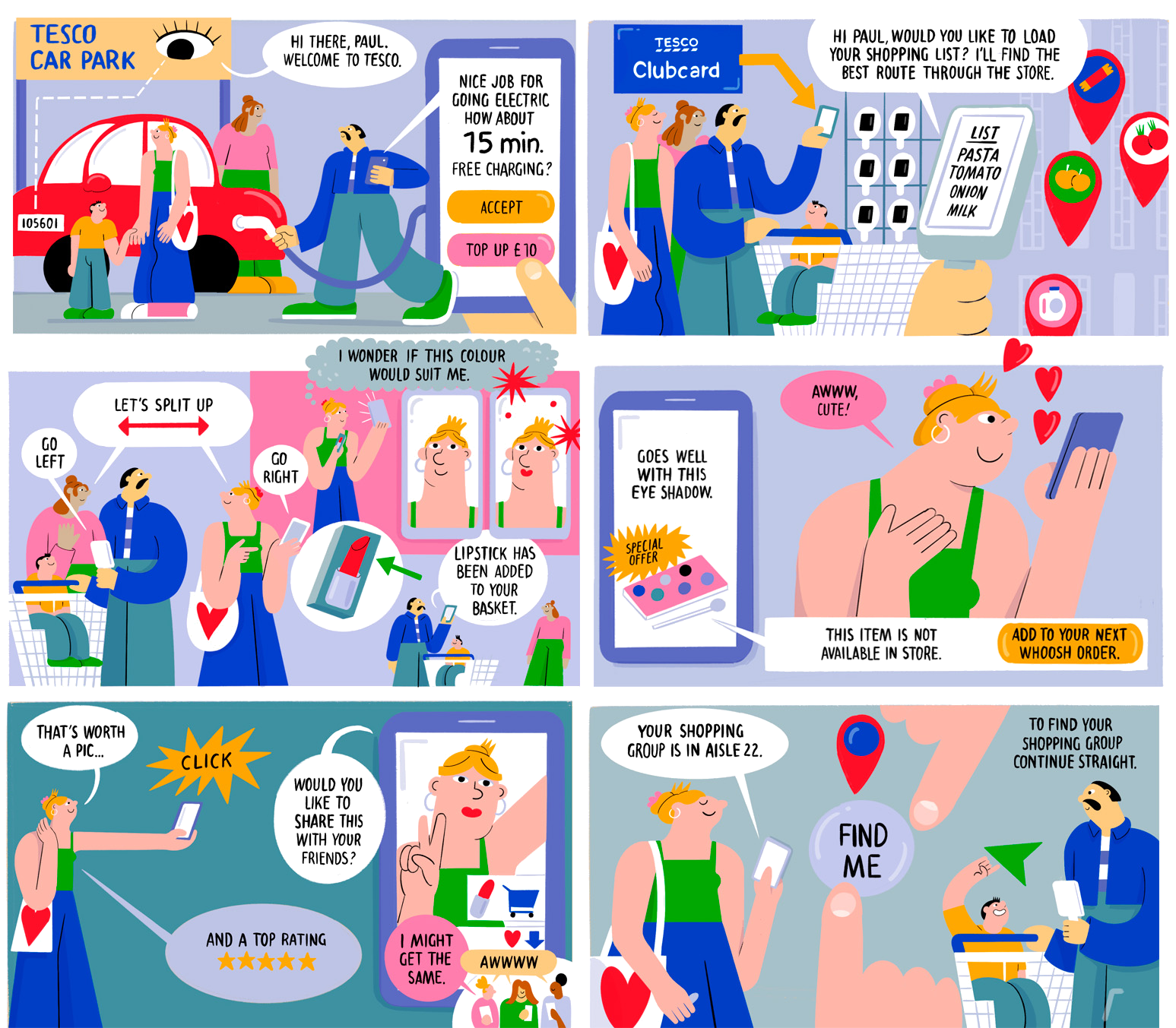 Comic strip of a shopping trip at Tesco. First panel shows a woman receiving electric car charging, with a man greeting her. Second panel shows the man asking a woman to load a shopping list into his phone. Third panel shows two women splitting up in the store, choosing lipstick and makeup. Fourth panel depicts a woman admiring her selfie with eye shadow. Fifth panel shows her sharing the photo and rating it. Sixth panel features a woman telling the man her shopping group is in aisle 22, with a shopping assistant guiding her further.