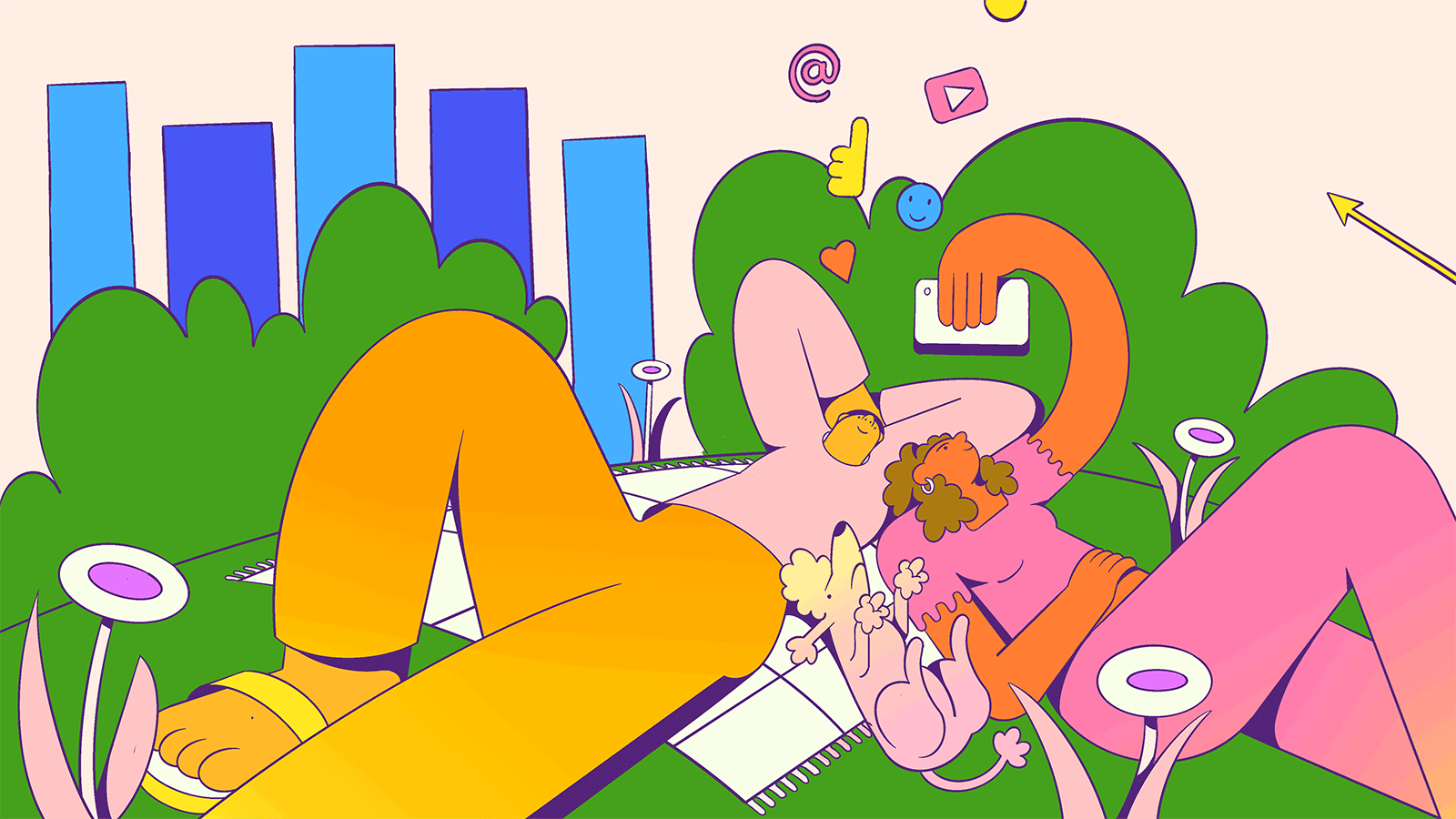 A colorful cartoon illustration of a person lying on the grass surrounded by green plants, with a yellow skateboard, and a pet dog. The person is taking a selfie using a smartphone, with musical notes and social media icons floating around.
