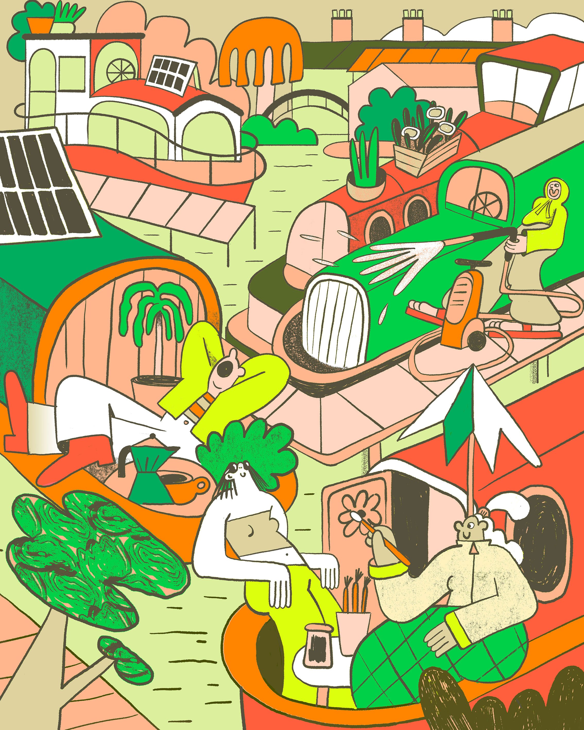 Colorful illustration of a lively outdoor scene with animals and plants, featuring a woman lounging with a cat, a person watering a vegetable garden, and various potted plants and greenery.
