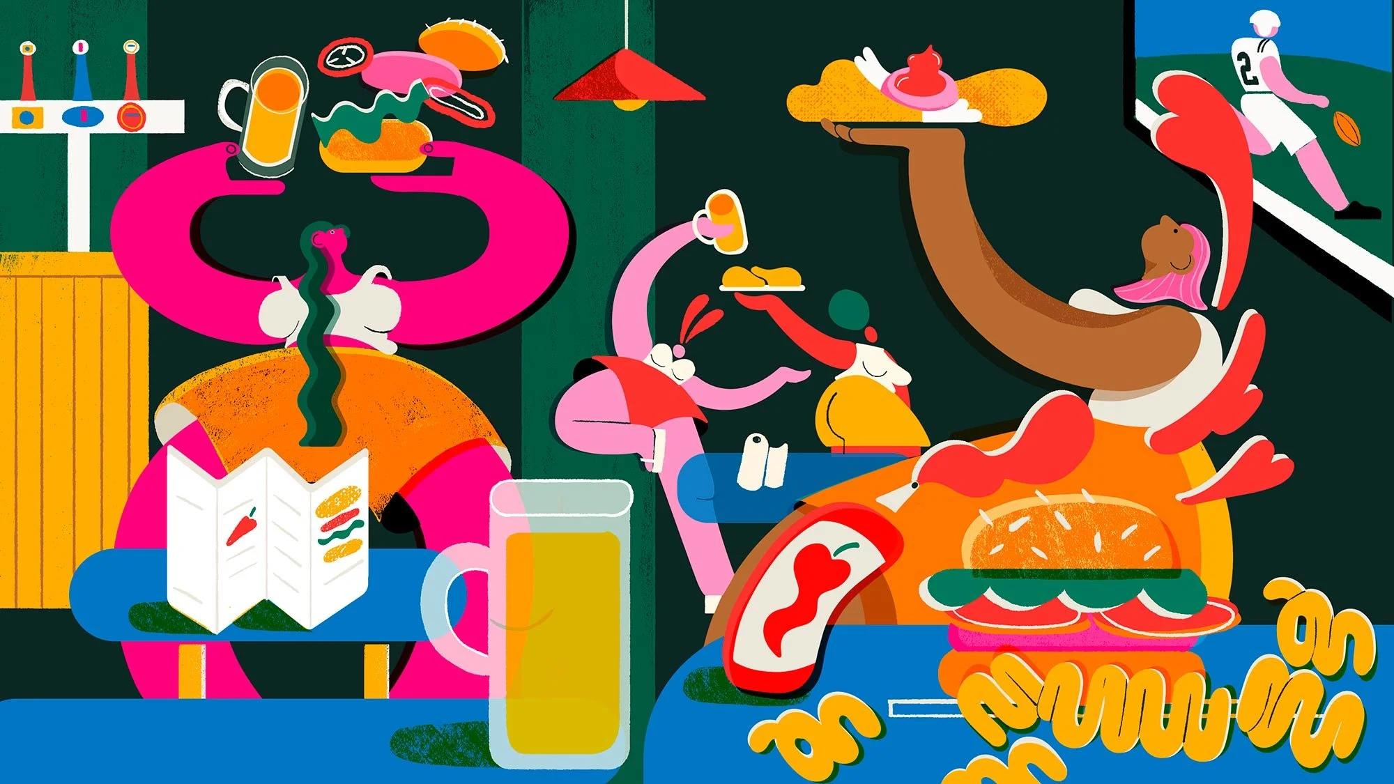Colorful illustration of people eating and drinking in a lively setting with burgers, hot dogs, fries, beer, and a football game on TV.
