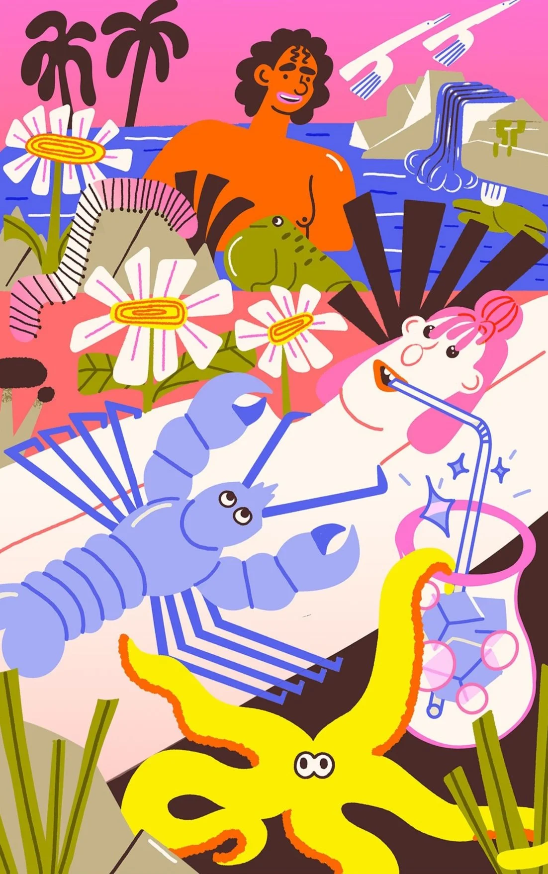 Colorful illustration of a woman relaxing with a drink, surrounded by flowers, a lobster, an octopus, a cactus, and a waterfall in a stylized beach scene.
