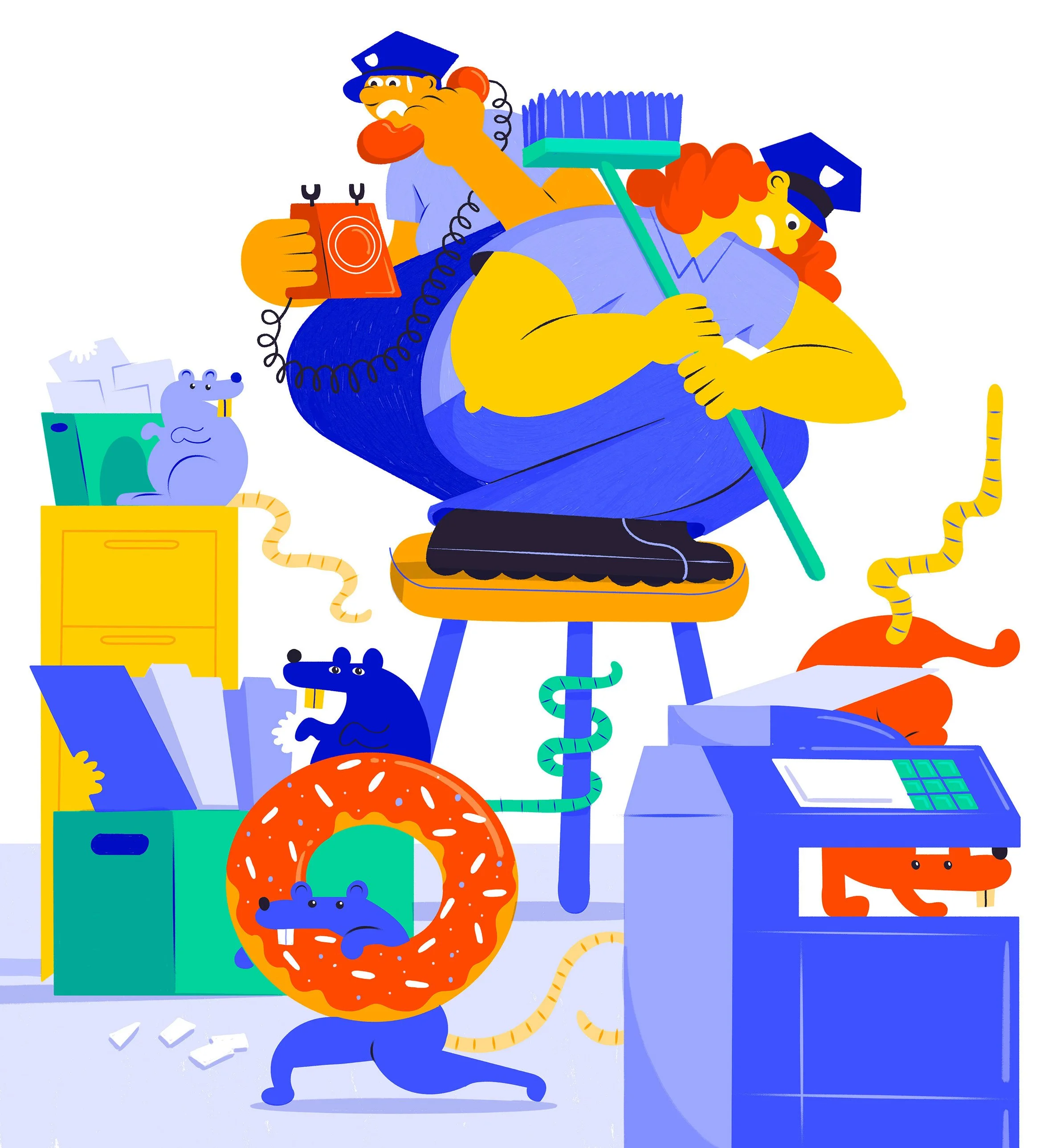 Colorful illustration of mice working in an office, surrounded by office supplies and equipment, with some mice interacting with objects like a donut or a printer.