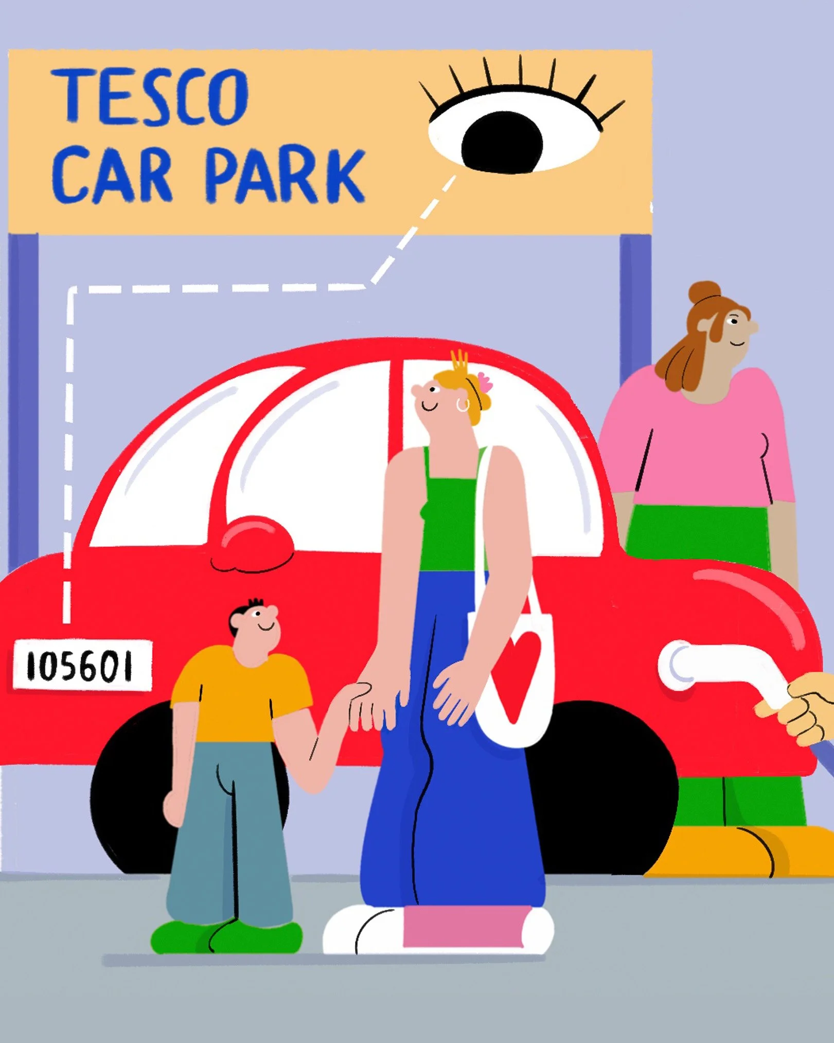 A cartoon illustration of a woman and a child at a Tesco car park, with the woman shaking hands with a person dressed as a large car. The scene shows a sign of Tesco Car Park, a large red car, and an eye symbol at the top.
