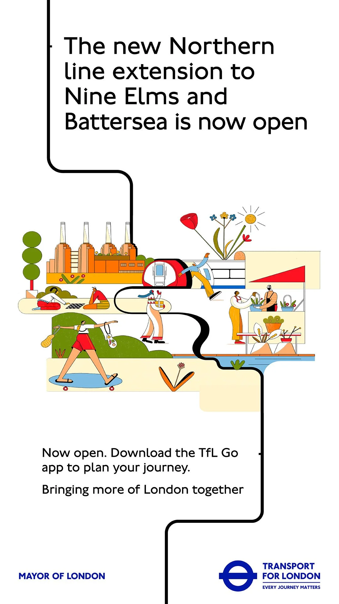 Announcement about the opening of the Northern line extension to Nine Elms and Battersea, with illustrations of London landmarks, people riding bikes, and plants, and the Transport for London logo.