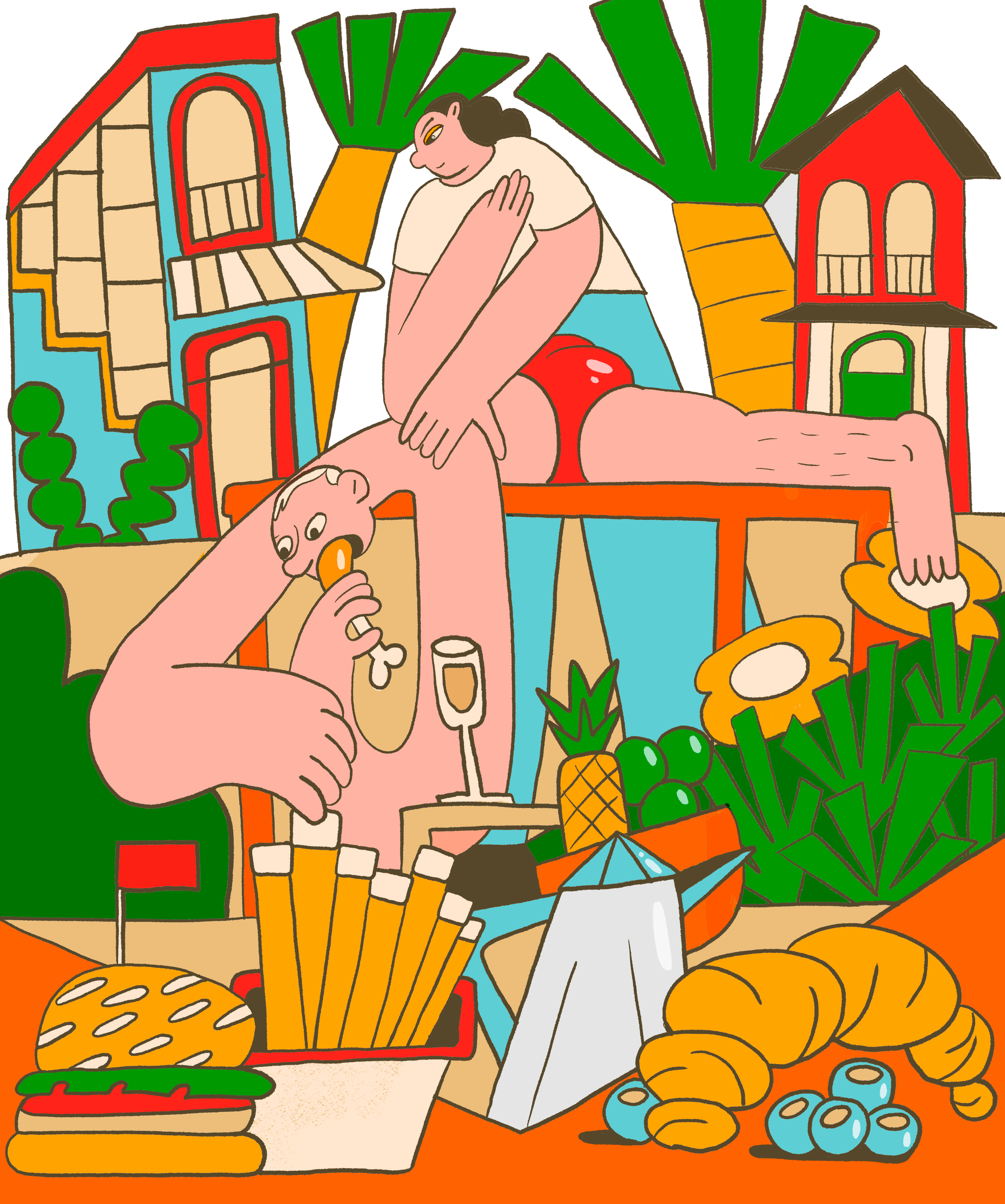 A colorful illustration of a man lounging on a pool float surrounded by tropical fruits, food, and colorful buildings.