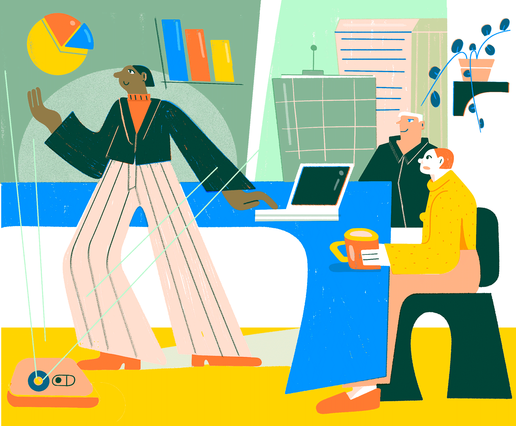 Illustration of three people in a modern office, with various charts on the wall, a laptop, a phone, and a coffee mug on the table.