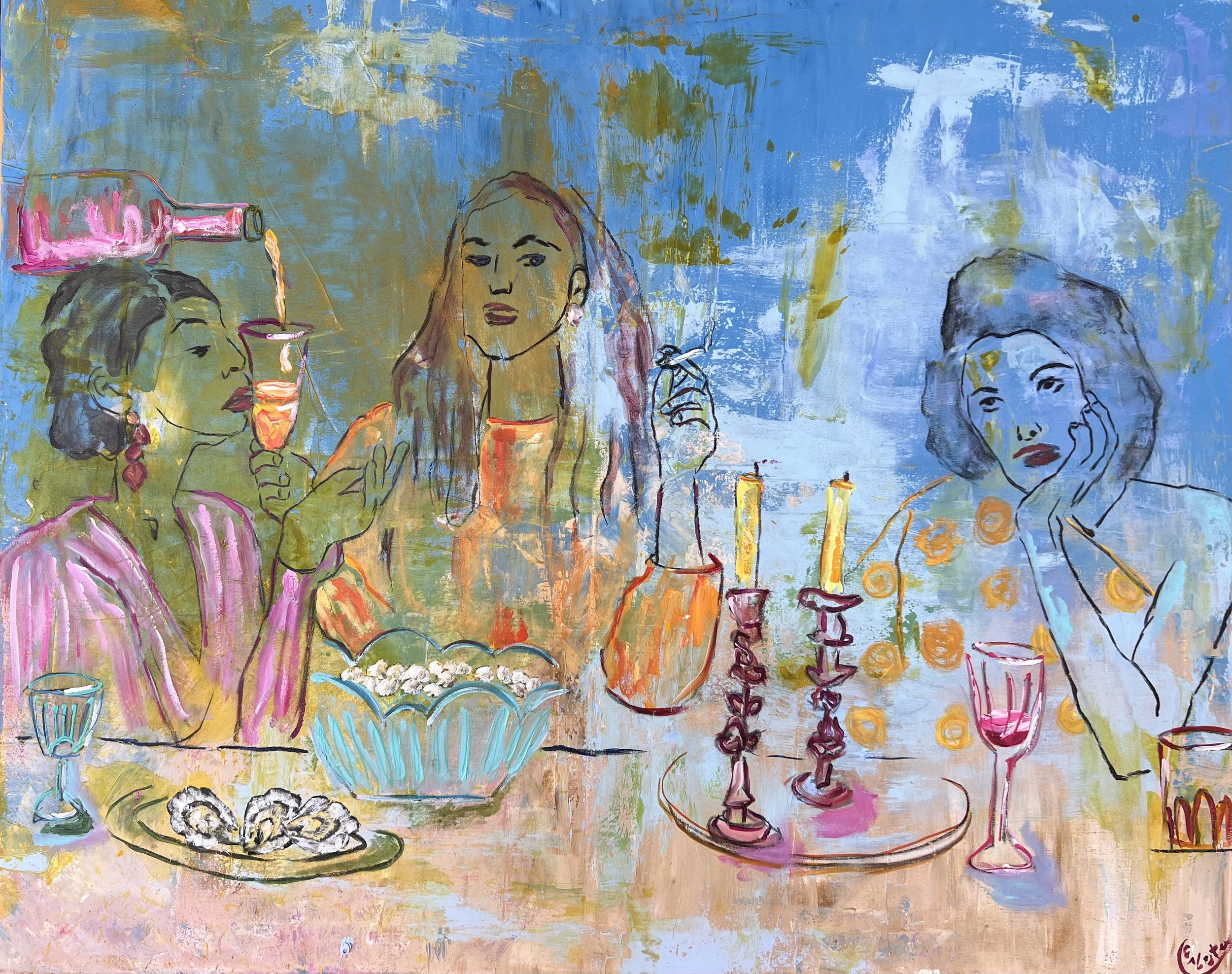 A colorful, abstract painting of three women sitting at a table, with drinks, candles, and snacks, painted with loose, expressive brushstrokes and vibrant colors.