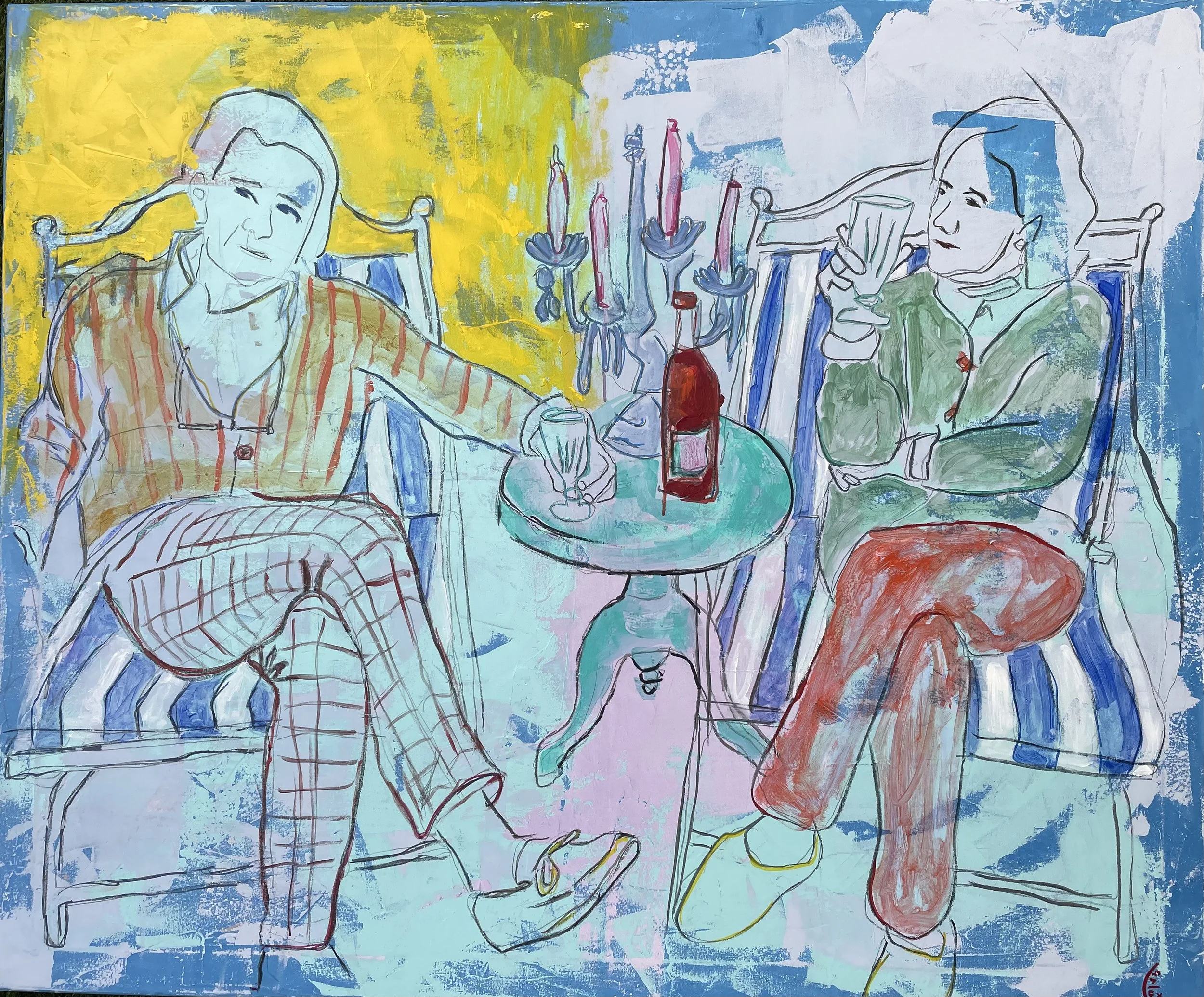 An abstract painting of two women sitting at a dining table with a candelabra in between them. The woman on the left is wearing a striped shirt and has her hand on her head, while the woman on the right is wearing a green shirt and is drinking from a glass. There is a bottle on the table, and the background features vibrant yellow and blue colors, with the women outlined in a sketchy style.